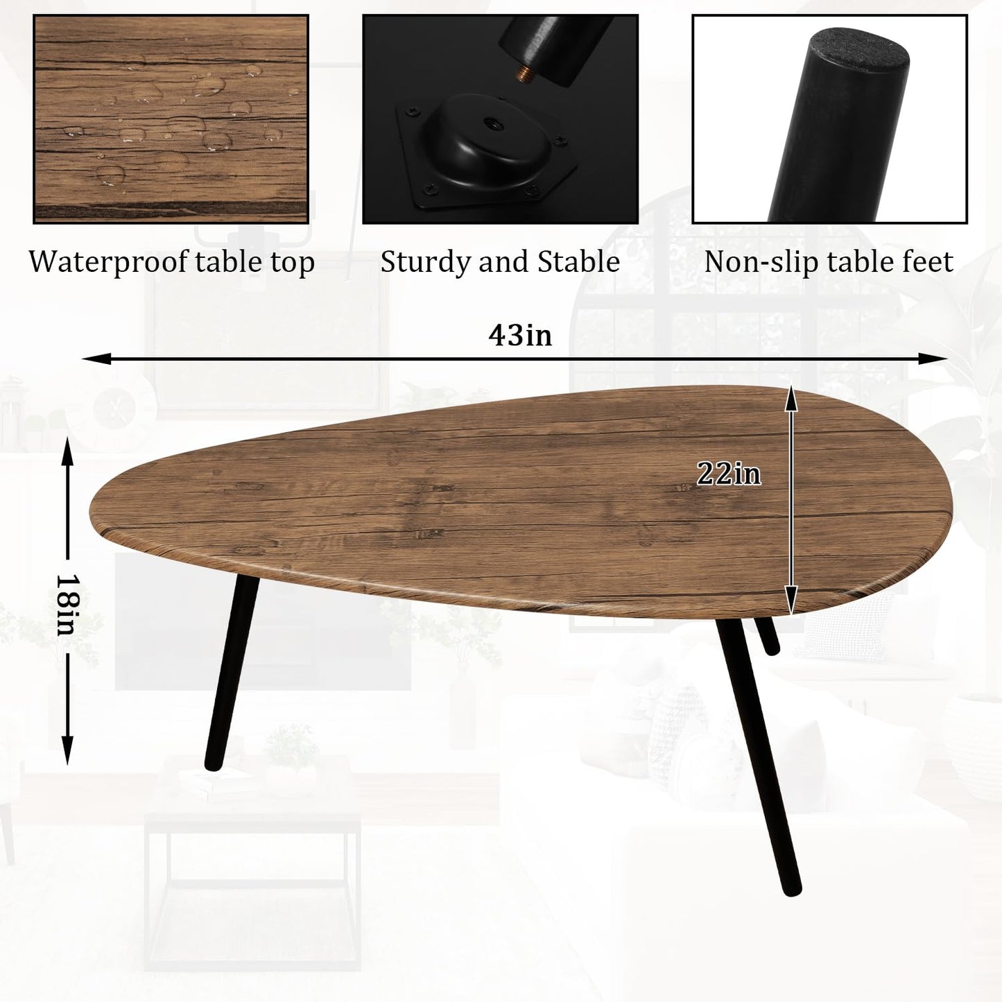WDSHIYI Coffee Table Modern Oval Coffee Tables Retro Center Table for Small Space Mid Century Rustic Accent Table for Living Room Home Office, Easy Assembly 22" D x 43" W x 18" H