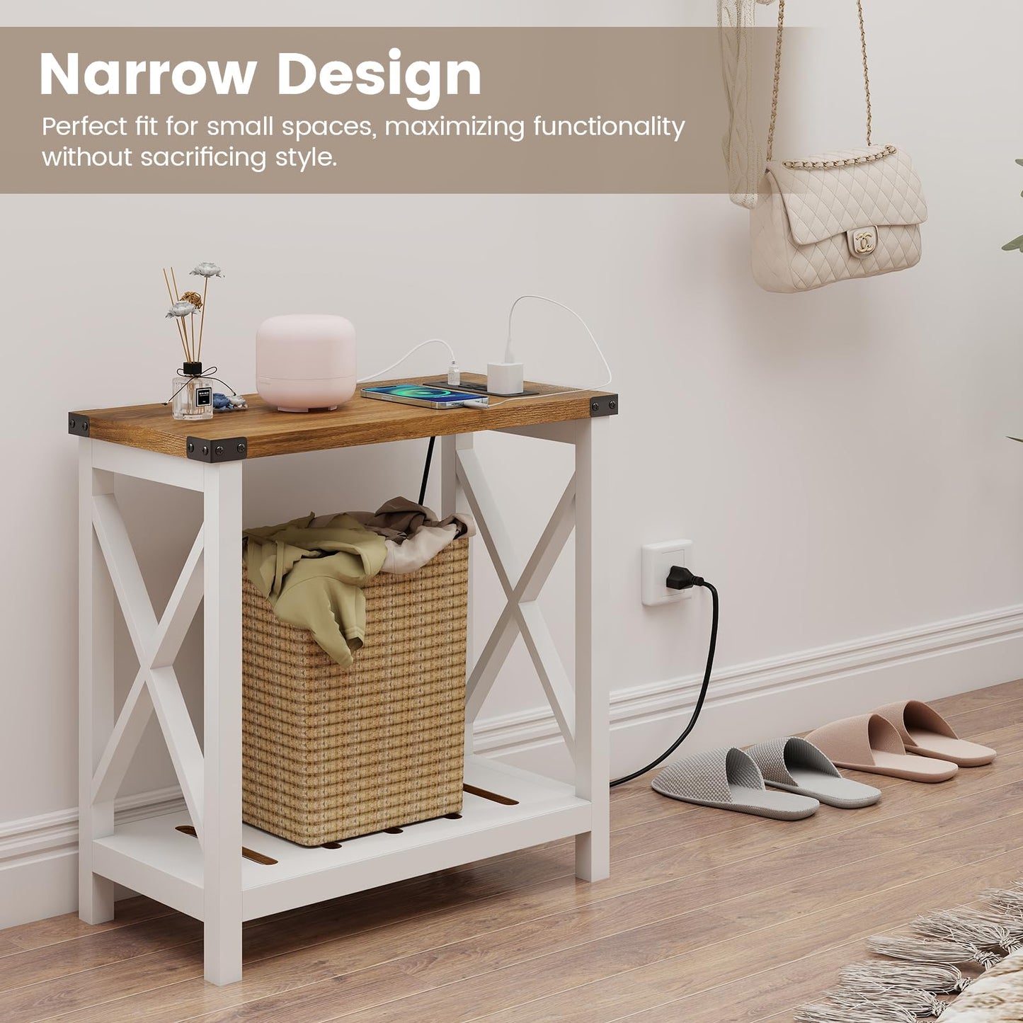 Hadulcet Farmhouse Side Table with Storage Shelf - Narrow End Table with Charging Station, Slim End Tables Living Room, Rustic X-Design Nightstand for Bedroom, Small Space, White & Brown
