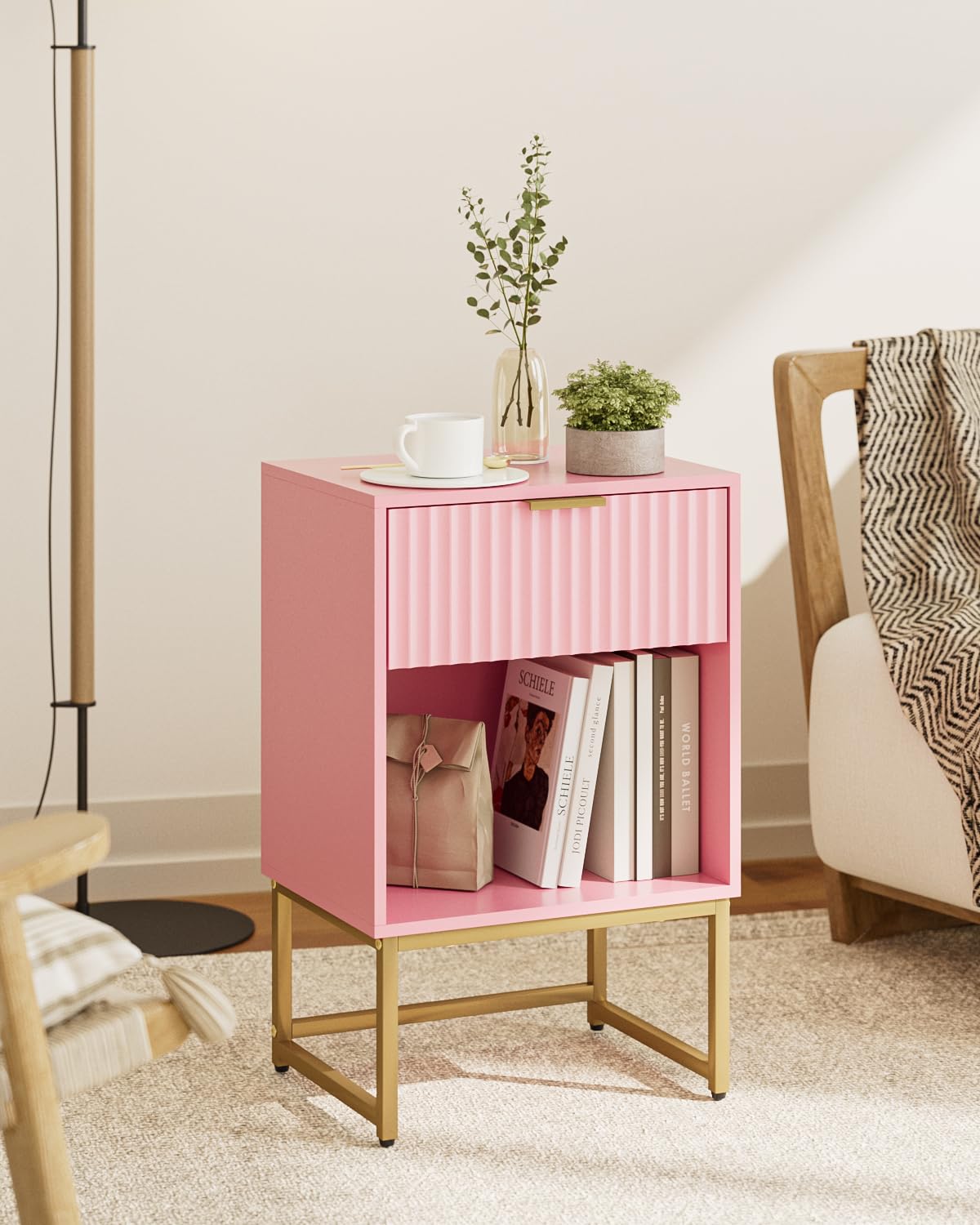 Masupu Fluted Nightstand, Modern Night Stand Wood Bedside Table with Storage Drawer Side End Table for Bedroom, Office, Pink