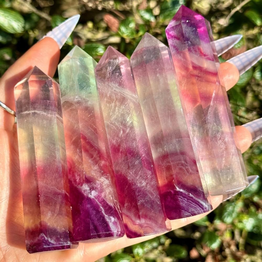 YOUNAIERZX Natural Fluorite Crystal Wand Hexagonal Point Obelisk Large Polished Reiki Energy Stone for Meditation Therapy Healing Crystals Gifts Decoration 1Pc