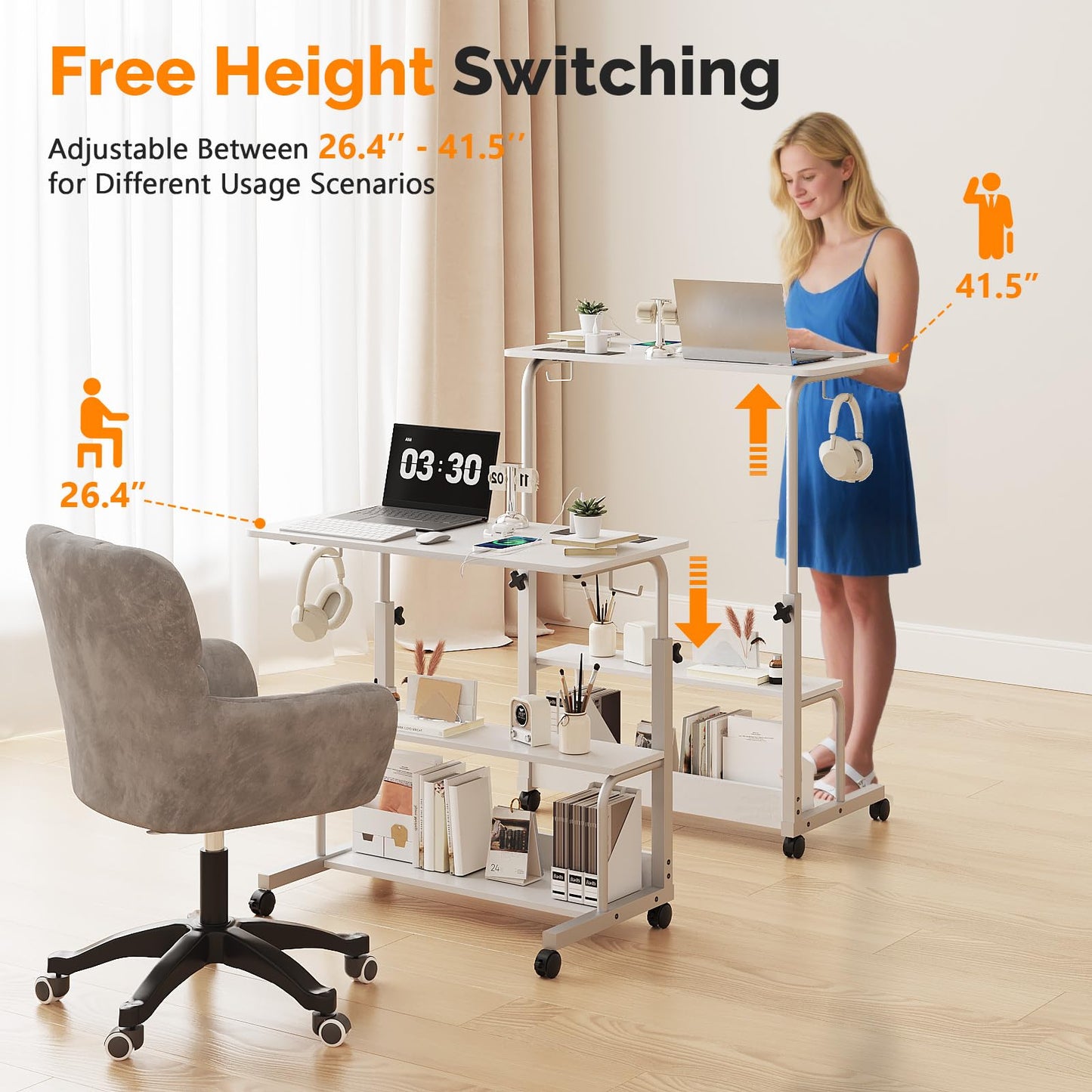 FCH 31.5" Mobile Small Standing Desk, Adjustable Height Mobile Computer Desk, w/2 AC Outlets + 3 USB Ports & Hooks, Storage Shelves, Suitable for Gaming, Studying, Home Office, White