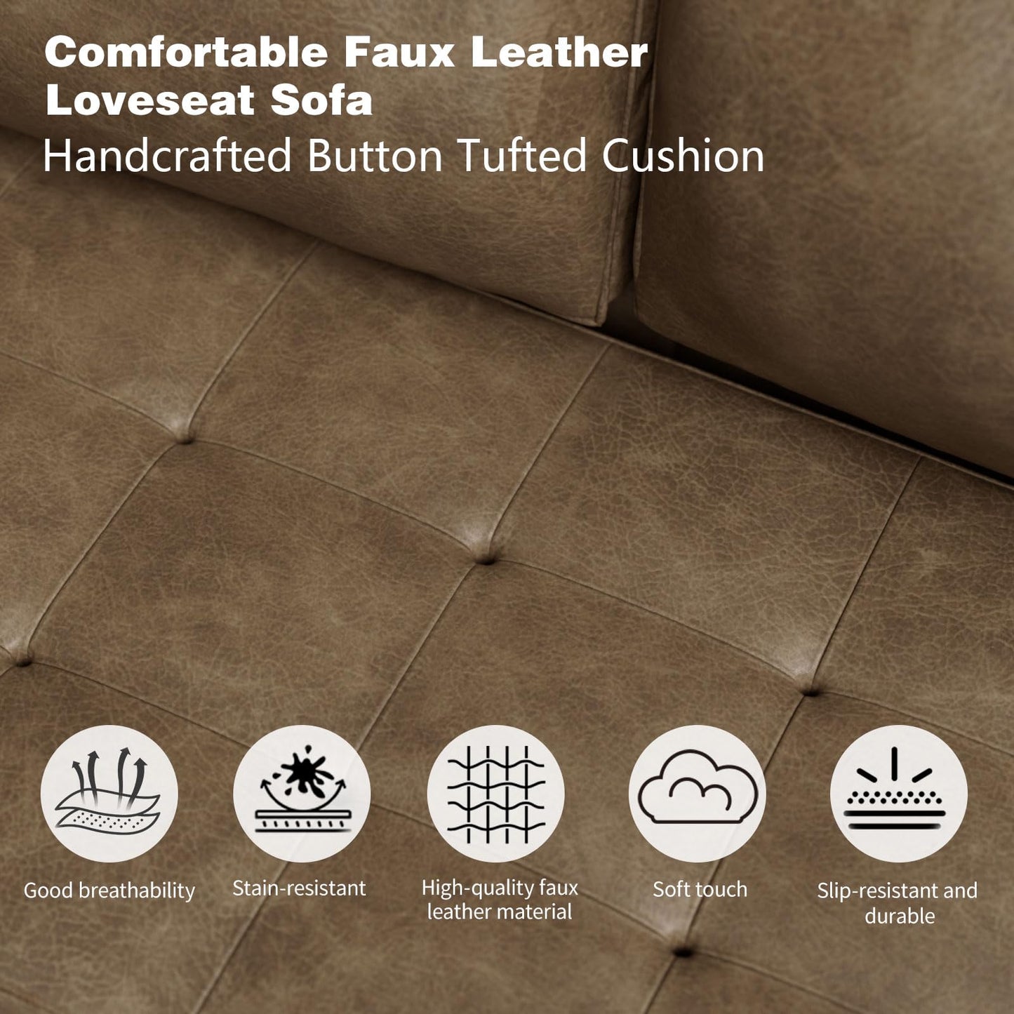 Meeyar 70" Mid-Century Modern Sofa Couch – Faux Leather Loveseat Sofa with Deep Seat & Solid Wood Frame – Includes 2 Accent Pillows –Dark Brown Living Room Bedroom Office