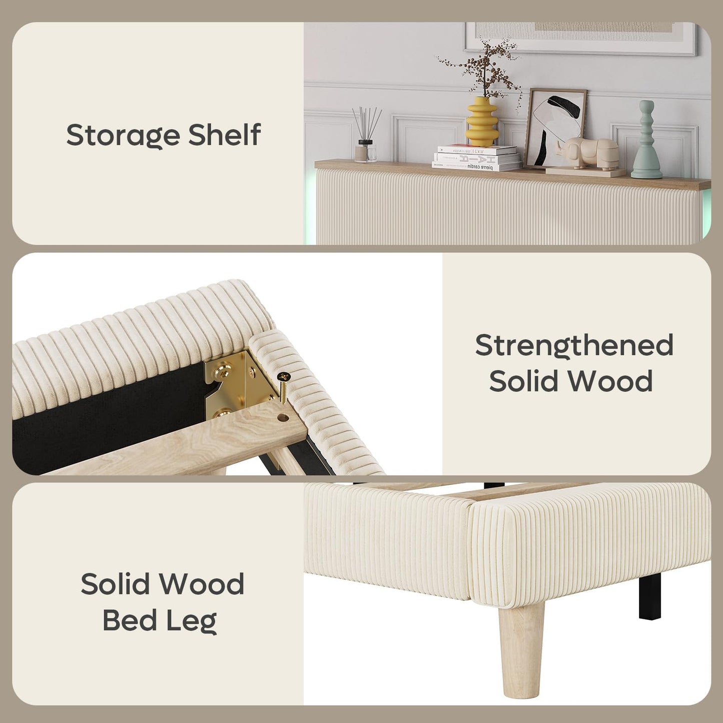 Bestier King Bed Frame with Adjustable Headboard & LEDLighting, Corduroy Upholstered Platform Bed Frame withStorage Shelf, Solid Wood Slats, No Box Spring Needed,Never Squeak, Easy Assembly, Beige