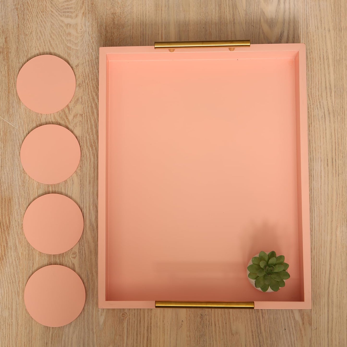 Juleduo Serving Tray 16.5“X 13“ Deluxe Wooden Ottoman Tray, Food Tray for Eating, Dinner Trays for Eating on Couch Coffee Table with Polished Gold Metal Handles-4 Round Coasters Included（Pink）