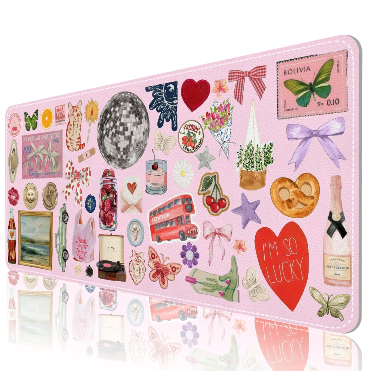 Pink Desk Mat, Leather Desk Pad Blotter Protector, XXL Large Mouse Pad,Computer Laptop Mouse Pads for Desktop,Waterproof Writing Anti-Slip Mousepad for Office and Home I Colorful Stickers