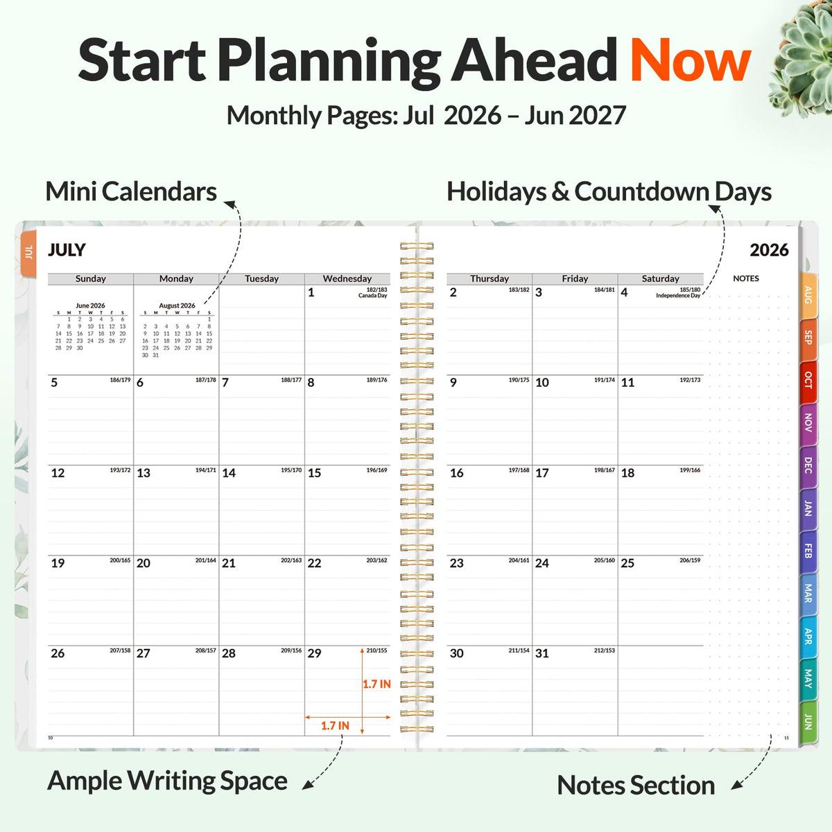 SUNEE Academic Planner 2026-2027 – Weekly & Monthly Planner, July 2026 to June 2027, 8.5"x11", Thick Paper, Tabs, Pockets, Bookmark, Spiral-Bound, Student Teacher Organizer, Greenery