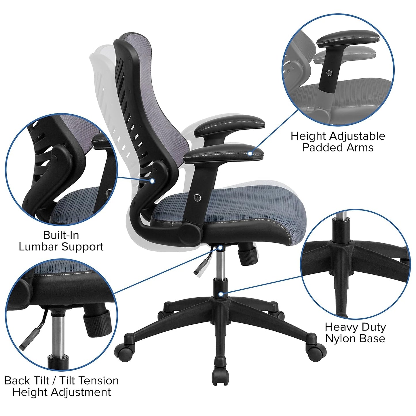 Flash Furniture Kale High Back Designer Gray Mesh Executive Swivel Ergonomic Office Chair with Adjustable Arms