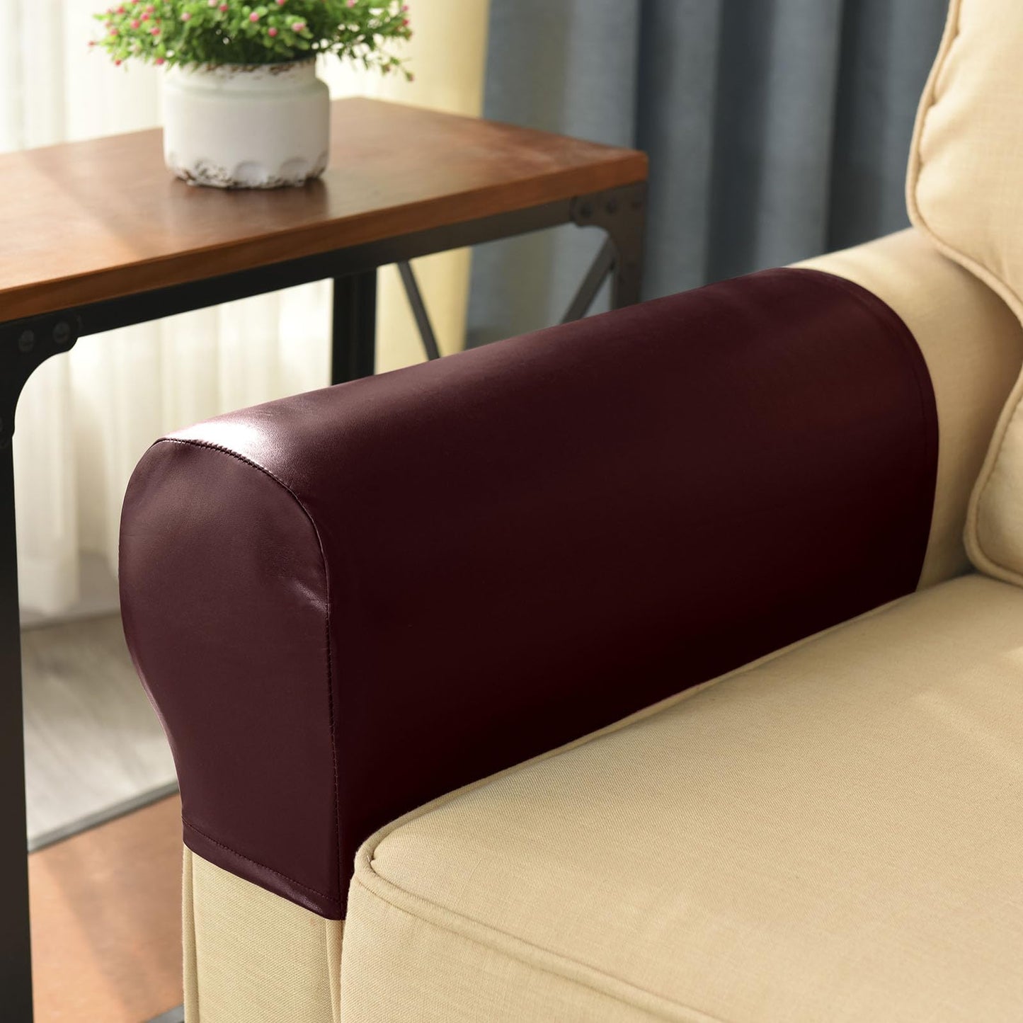 vctops Waterproof Faux Pu Leather Armrest Covers Vintage Stretch Arm Covers for Chairs Couch Sofa Armchair Slipcovers for Recliner Sofa 2pcs, Wine Red
