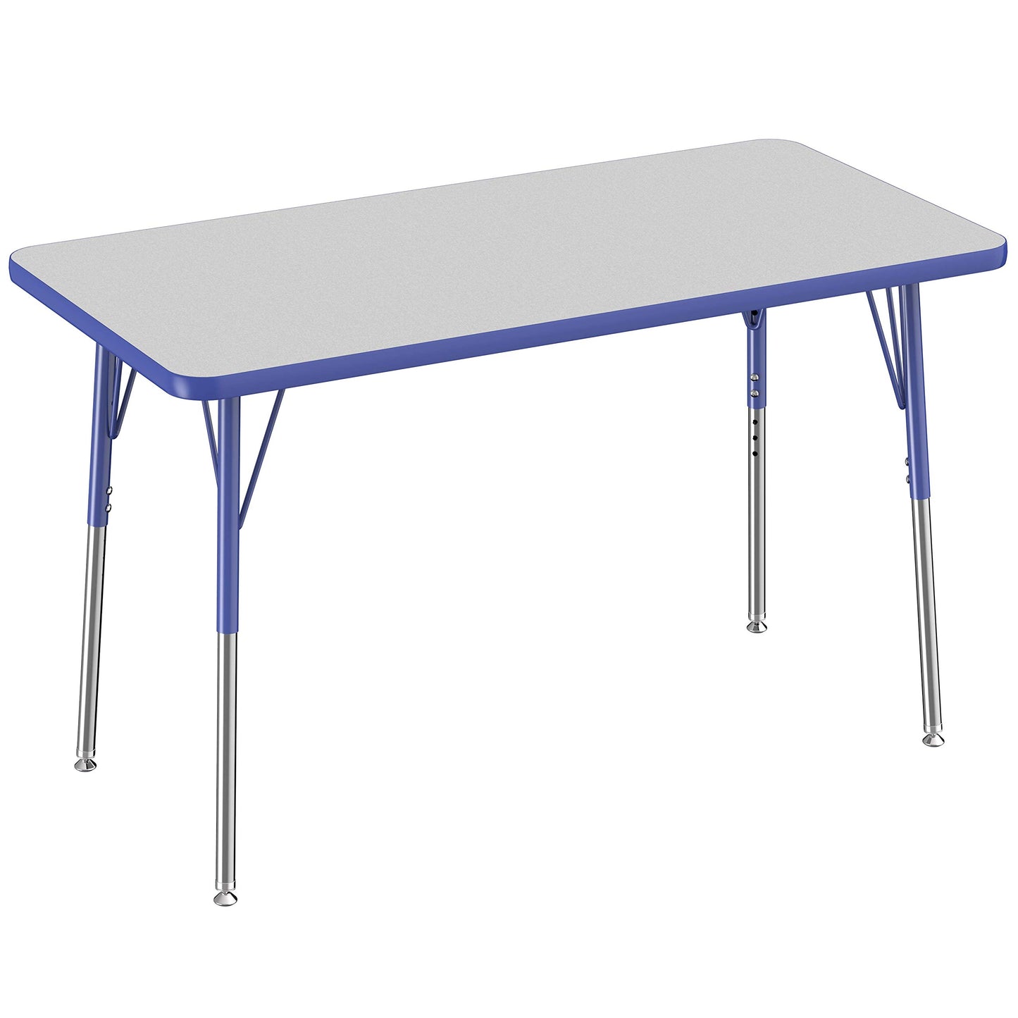 FDP Rectangle Activity School and Office Table (24 x 48 inch), Standard Legs with Swivel Glides, Adjustable Height 19-30 inches - Gray Top and Blue Edge