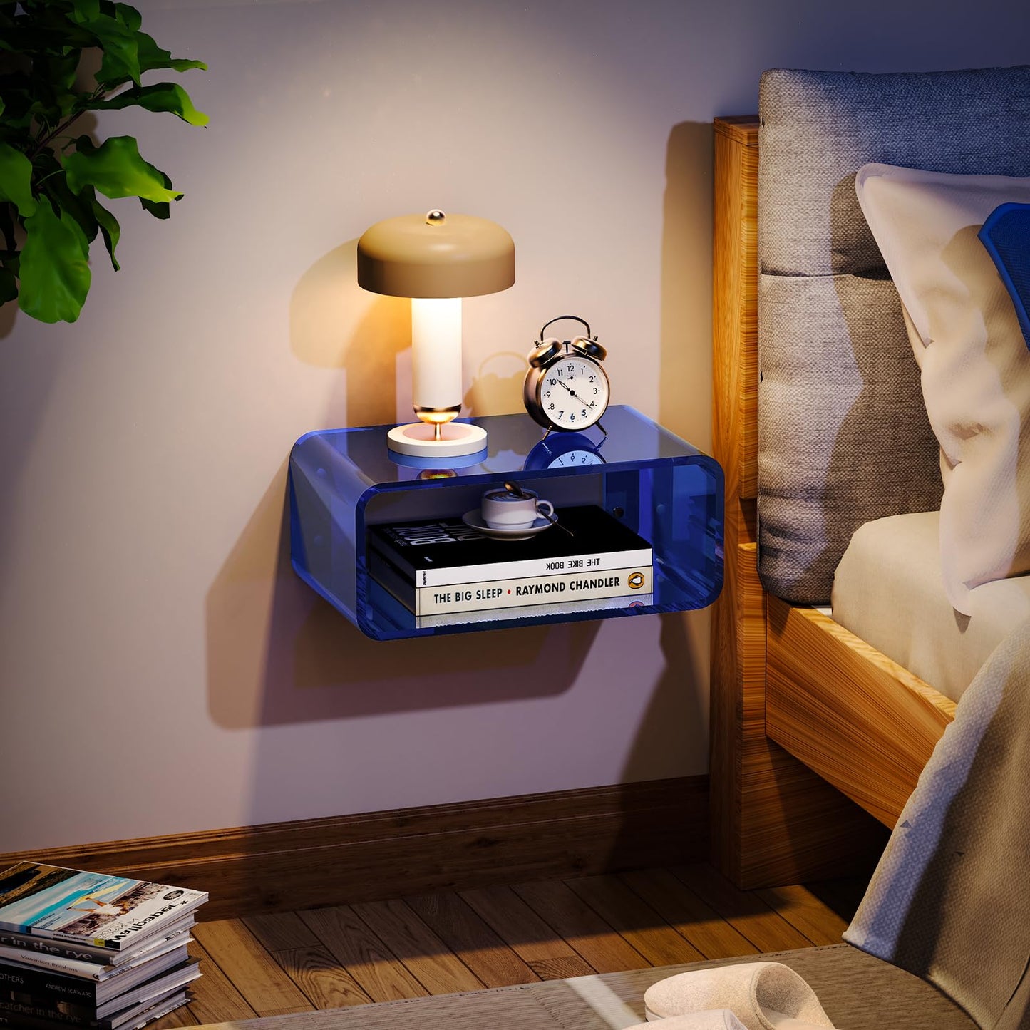 Acrylic Floating Nightstand, Bedside Table, Nightstand Shelf Wall Mounted Bedside Shelf (Dark Blue, Small)