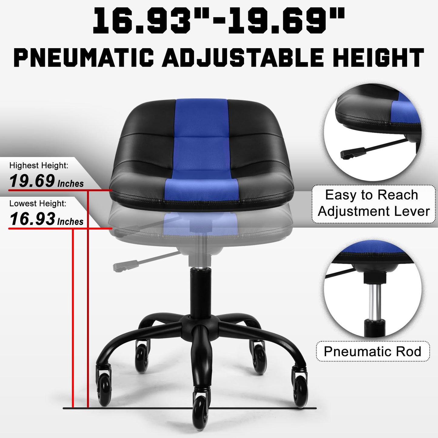 FreekyFit Rolling Shop Stool with Wheels, Rolling Short Stool with Back Support, 360° Swivel Garage Chair, Height Adjustable Chair 330lb Heavy Duty for Spa Salon Massage Home Office Tattoo(Blue)