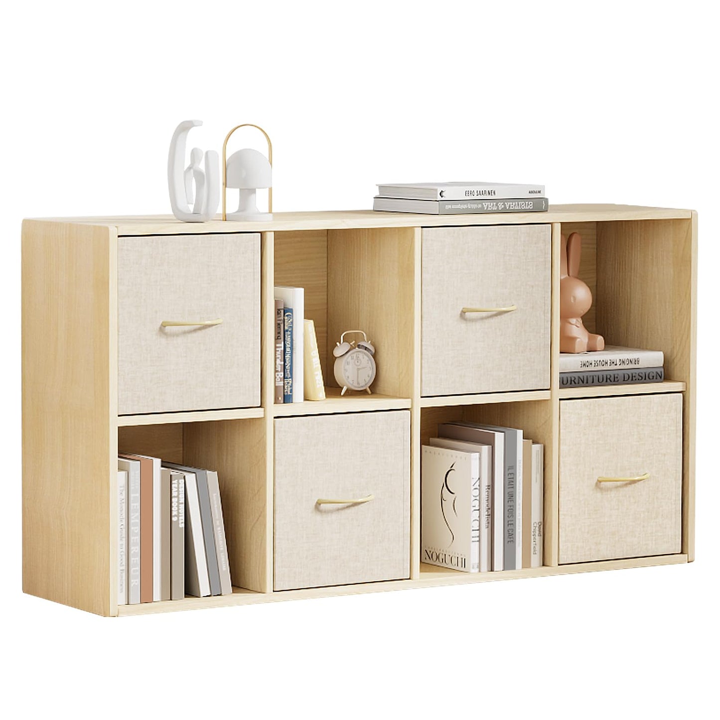 EXPERLAM 8 Cube Storage Organizer - Solid Wood Bookshelf with 4 Storage Bins, Cube Shelf with 2 Removable Back Panels, Vertical or Horizontal Bookcase, Open Book Shelf for Bedroom, Living Room, Office
