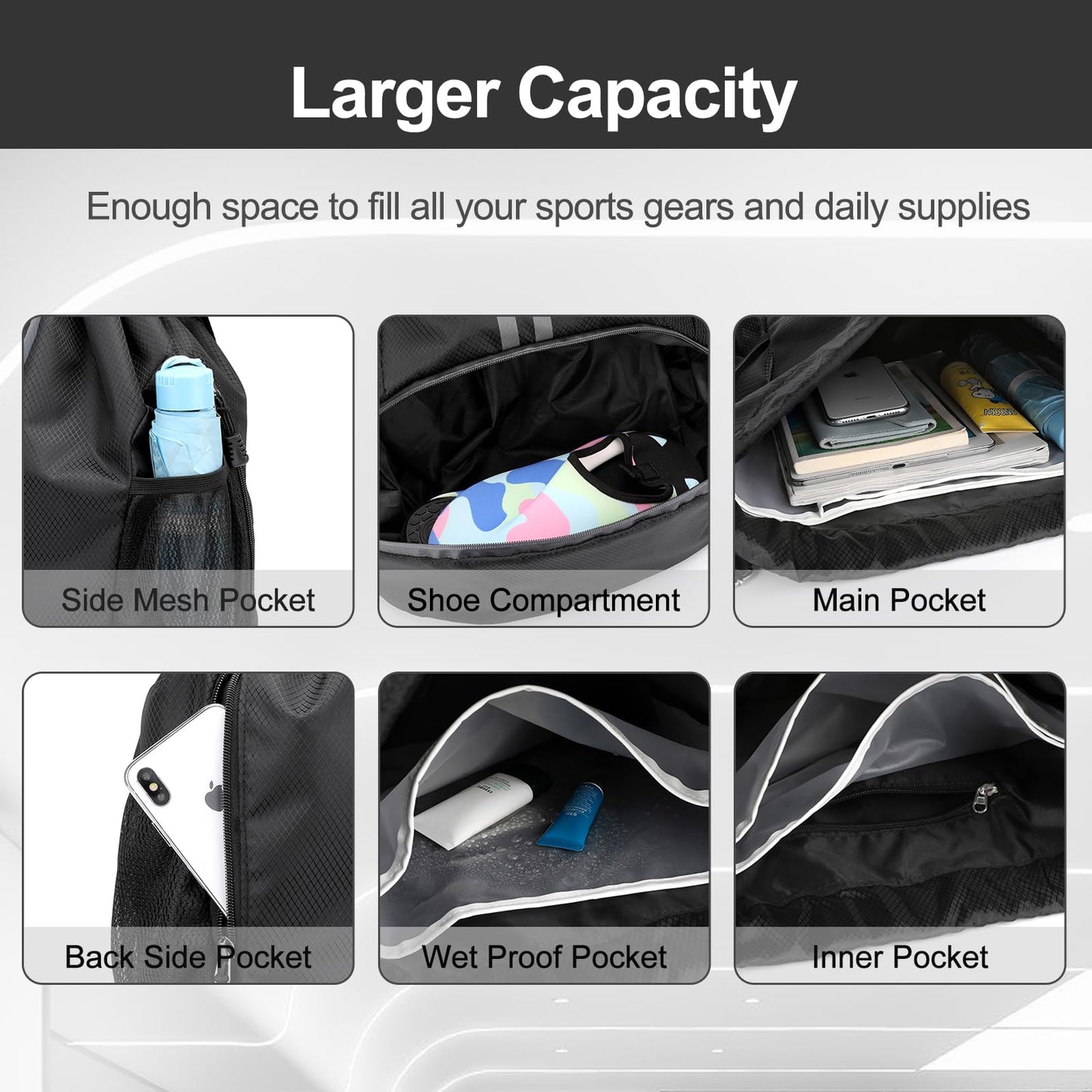 Hoedia Sports Drawstring Backpack - String Swim Gym Bag with Shoes Compartment and Wet Proof Pocket for Women&Men