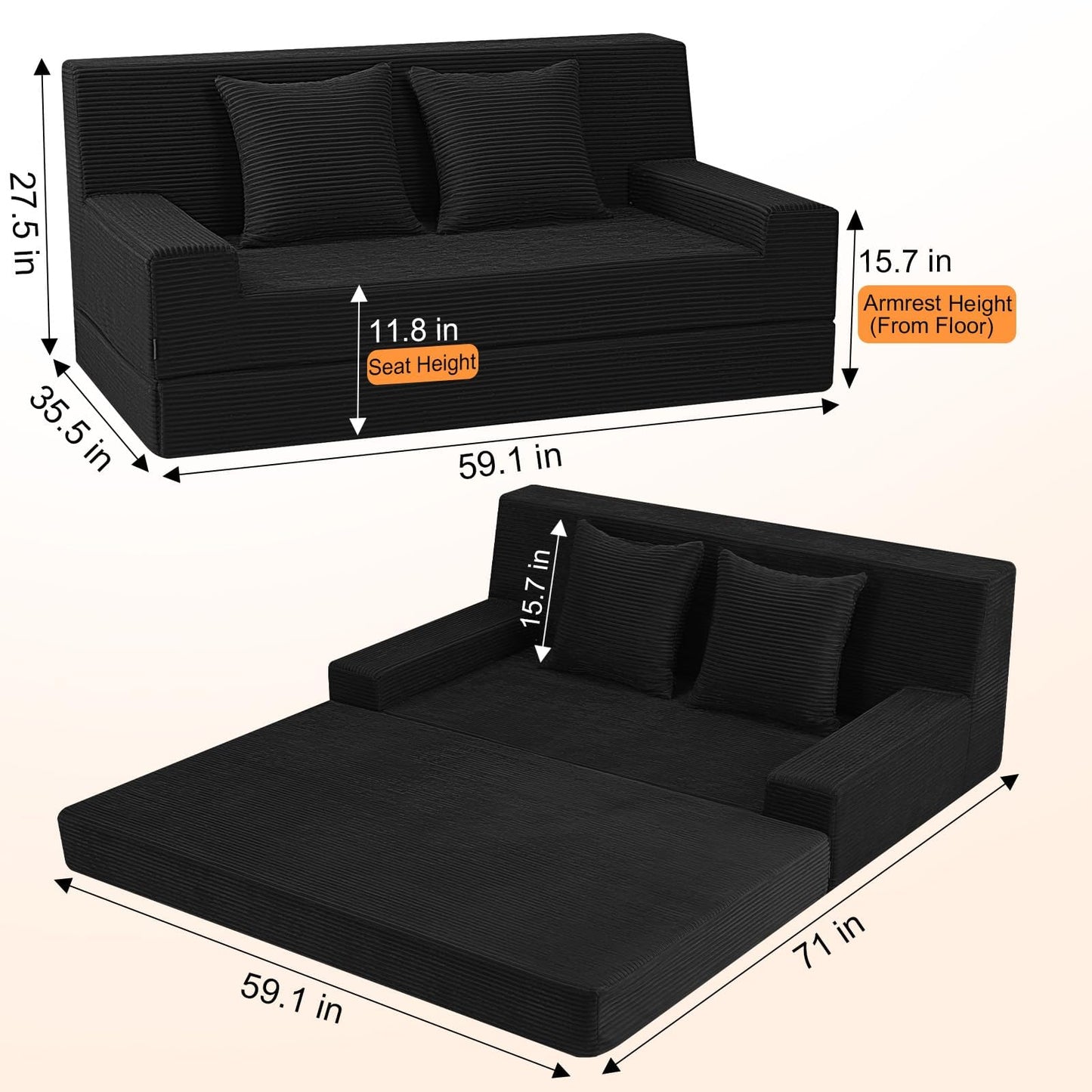 MeMoreCool Folding Sofa Bed Boneless Couch, 59" Loveseat Convertible Futon, Corduroy Foldable 2-in-1 Floor Sleeper for Small Living Room, Apartment, Guest Room, Foam Support & Washable Cover, Black