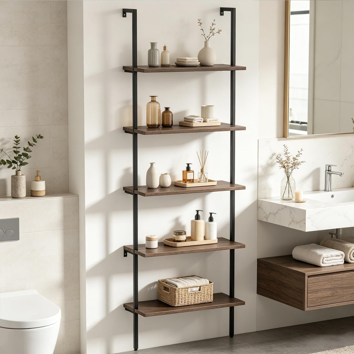 aboxoo Ladder Shelf Open Bookshelf 5-tier Wood Wall-mounted Bookcase Storage Rack Open Back Industrial Modern Plant Flower Stand Utility Organizer Bookcase Metal Frame Furniture Office Kitchen Bedroom