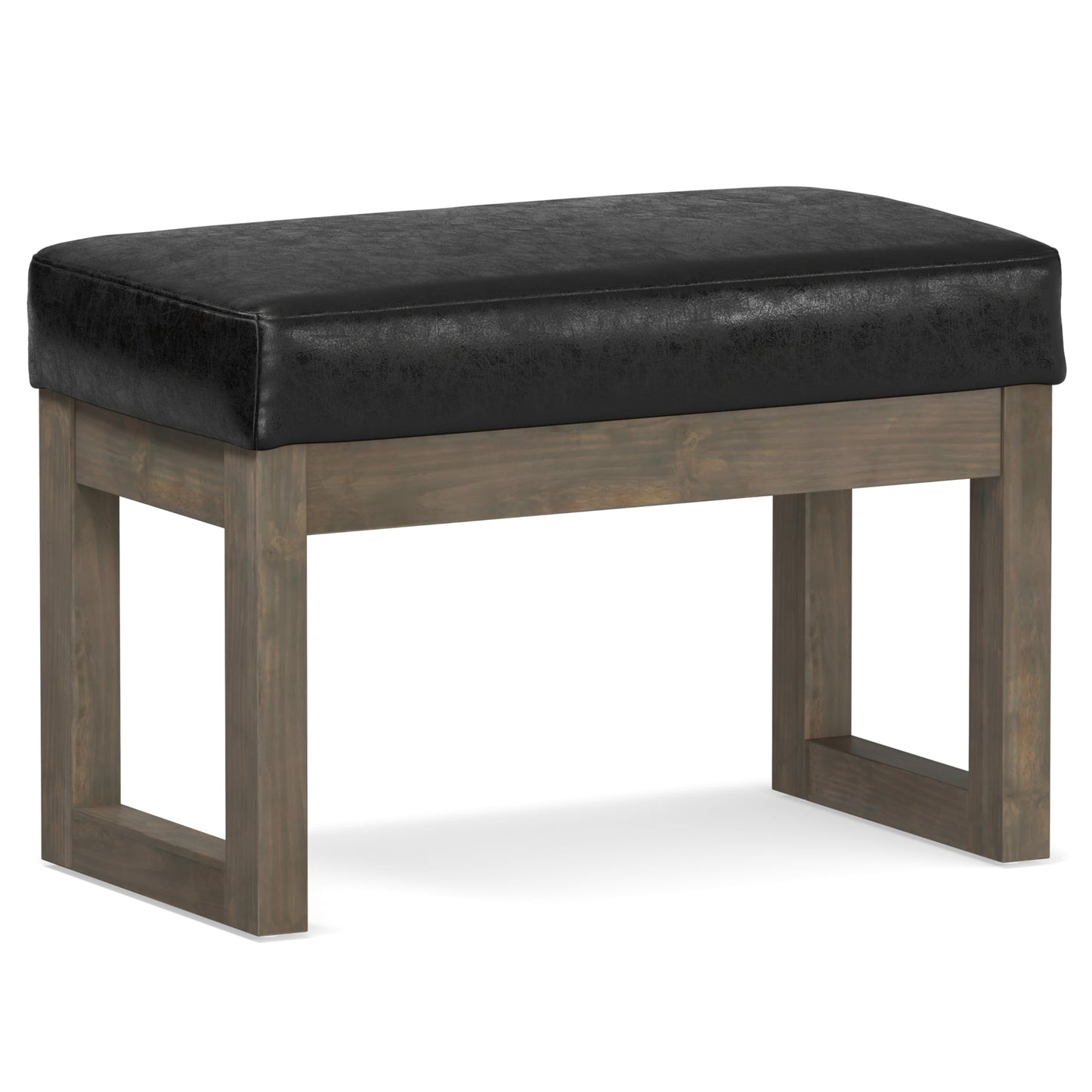SIMPLIHOME Milltown Small Ottoman Bench - 27" Wide x 18" High Upholstered Vegan Leather Rectangle Footstool Ottoman in Distressed Black, Contemporary Bench for Bedroom with Cushioned Seat, Assembled