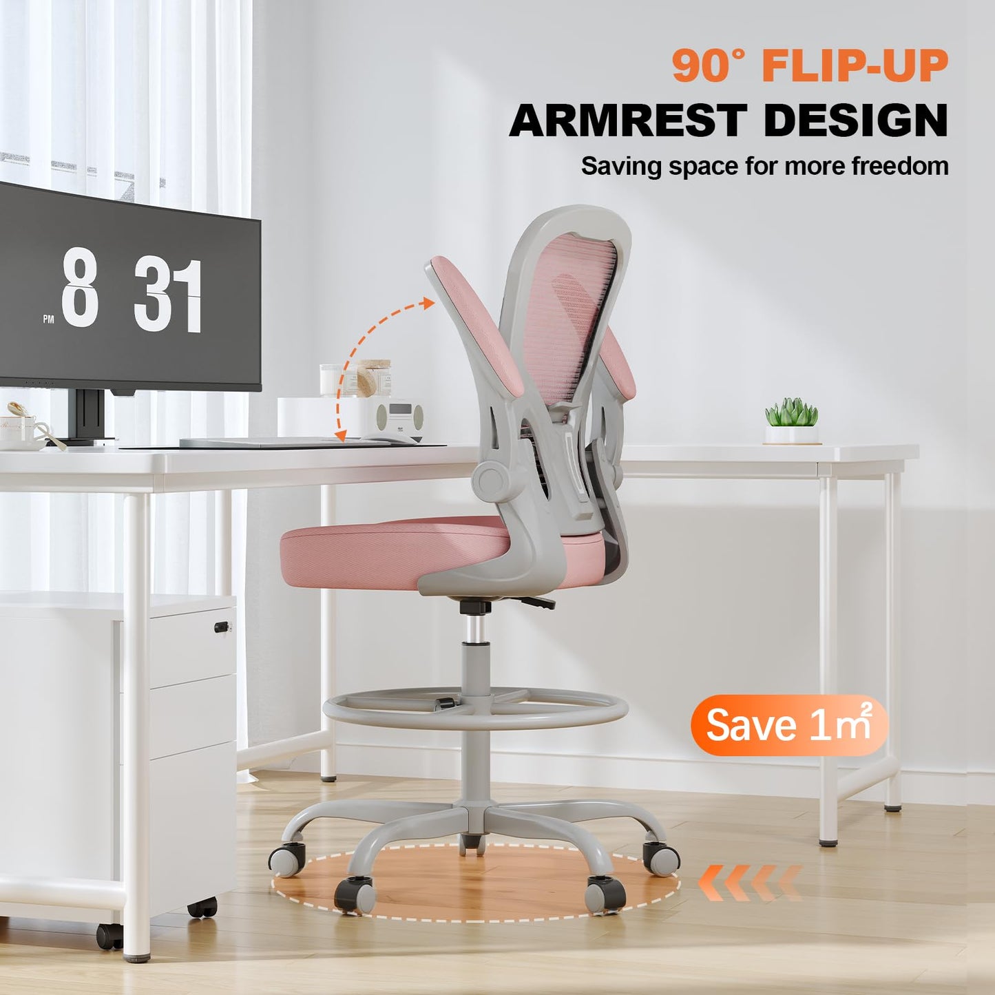 Synorla Ergonomic Drafting Chair, Tall Mesh Office Chair with Flip-up Armrests, Lumbar Support & Adjustable Footrest Ring for Standing Desk Gray Pink