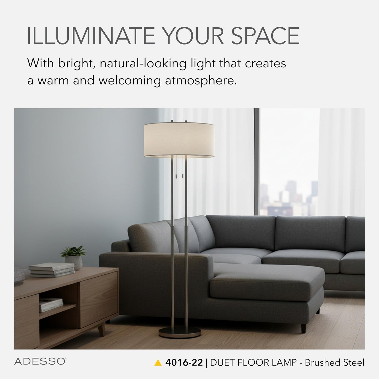 Adesso Brushed Steel Floor Lamp with Ivory Fabric Shade – Dual Pull Chain, Double Socket Design Accent Light for Bedroom, Living Room, or Home Office, 62” Tall