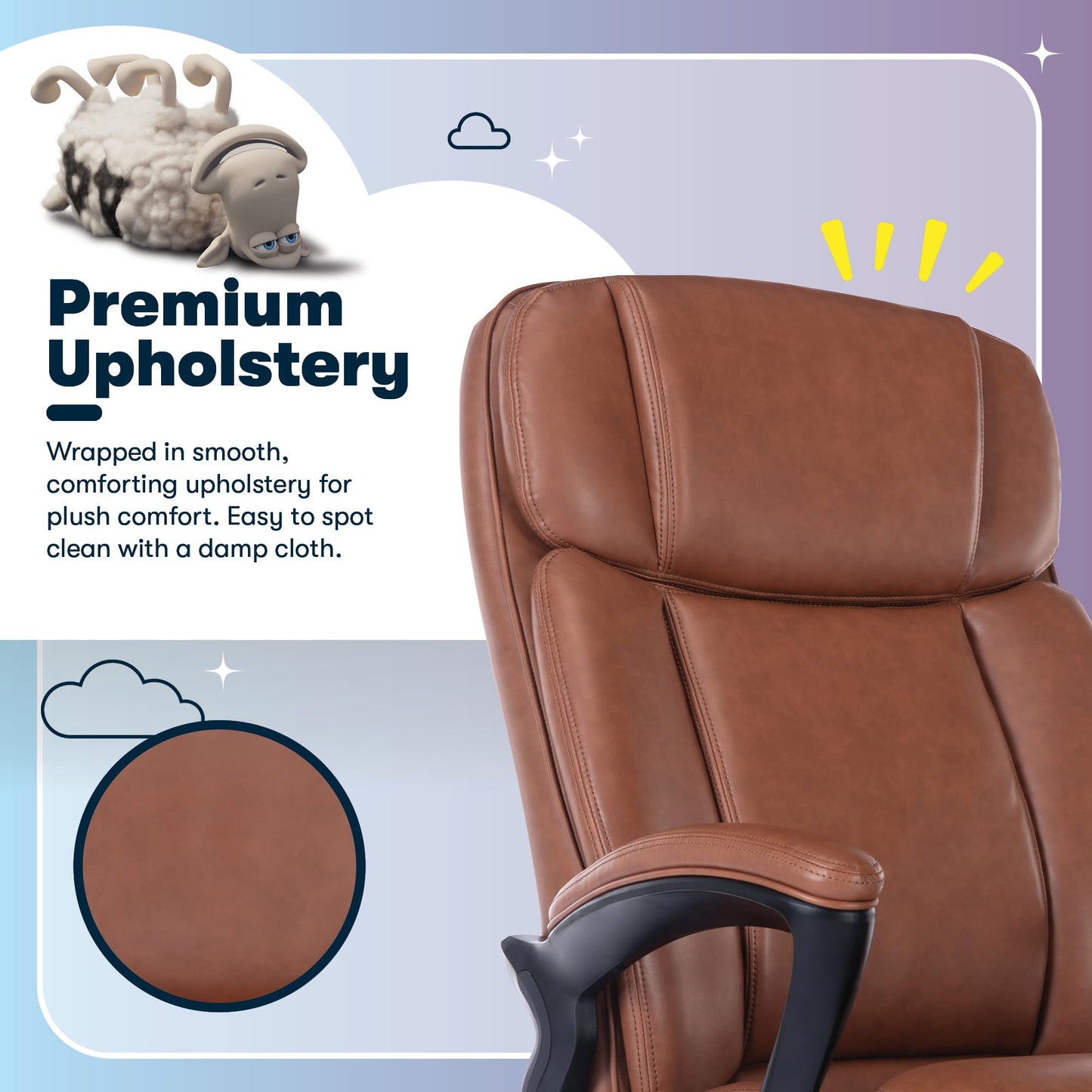 Serta Fairbanks Big & Tall Executive Office Chair, Ergonomic High-Back with Lumbar Support, Semi-Plush Seat Cushion and Body Pillows, Padded Armrests, Nylon Swivel Base, Bonded Leather, Cognac Brown