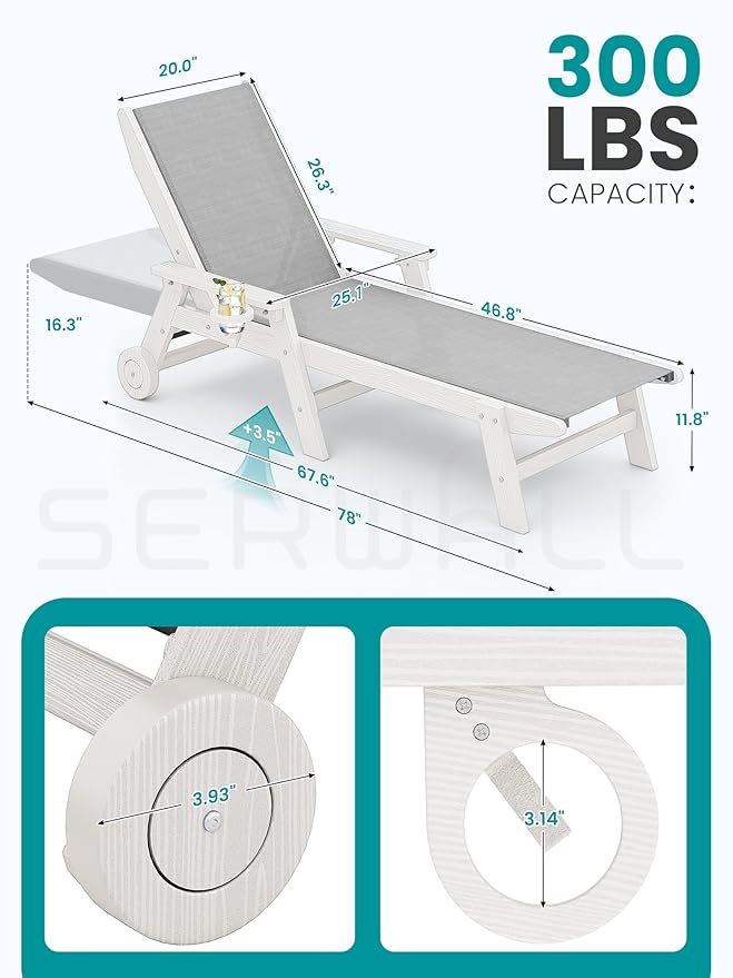 SERWALL Textilene Patio Chaise Lounge Chair, 5 Positions Adjustable Outdoor