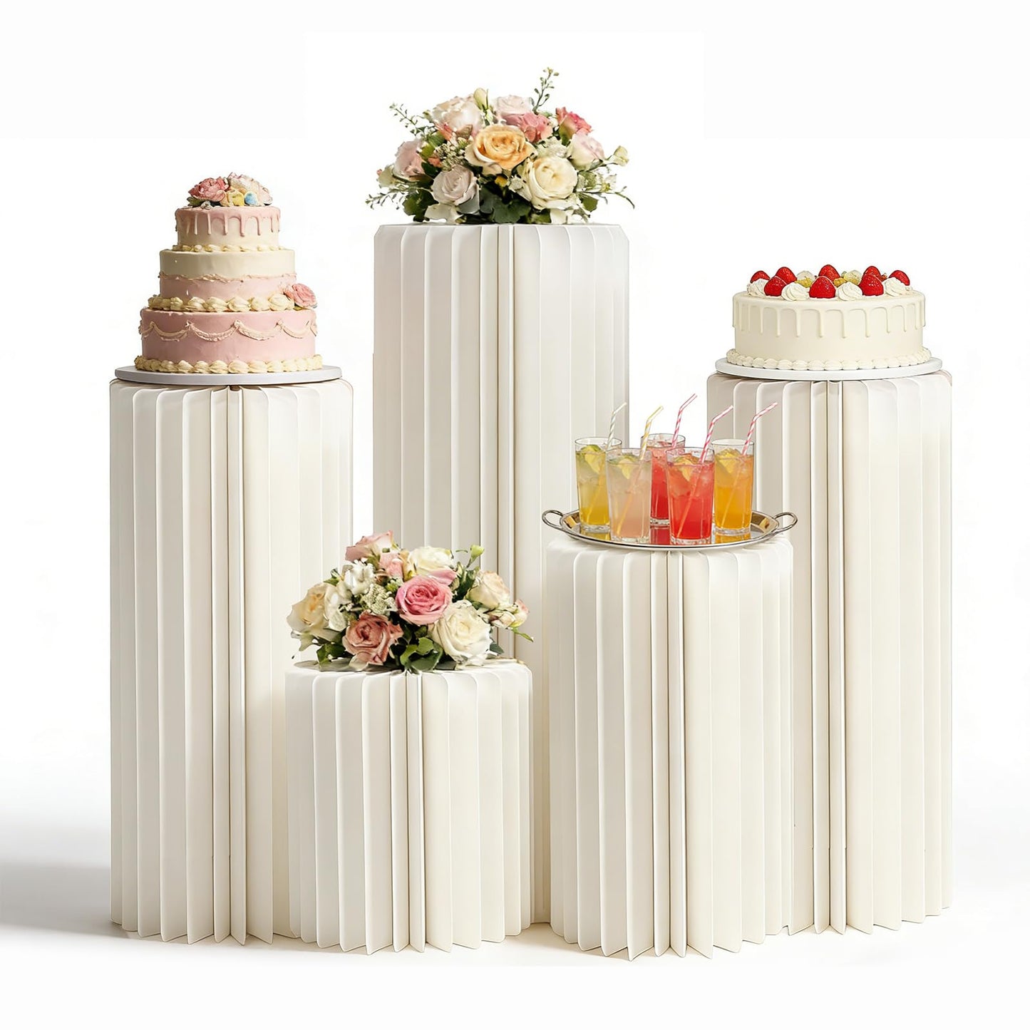 JarThenaAMCS 5 Pcs Portable White Cylinder Stand for Party Round Tall Cake Pedestal Stands with Acrylic Plates Foldable Cardboard Column Tables for Anniversary Birthday Baby Shower Wedding Decor
