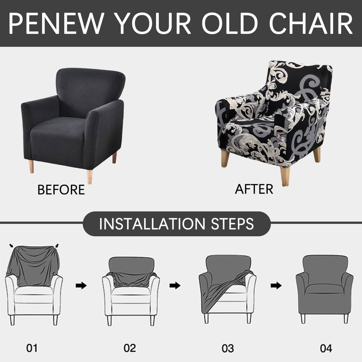 Adigau Printed Armchair Covers 1-Piece Elastic Chair Slipcovers with Arms Reception Office Reading Sofa Cover Washable Furniture Protector for Living Room Light Luxury(Black Wave)