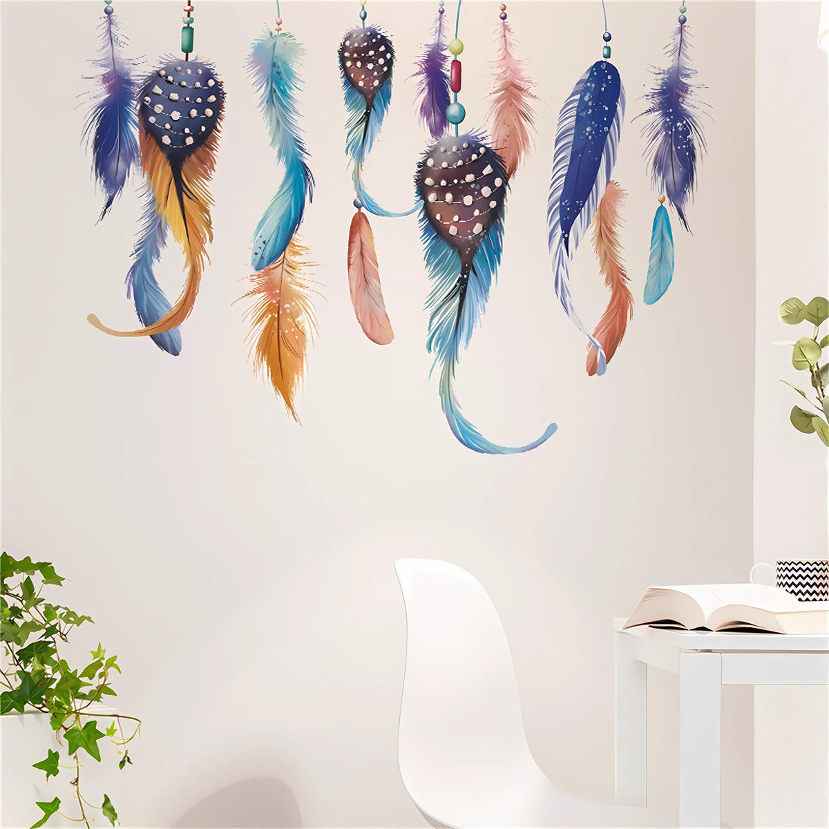 Hanging Dream Feather Wall Stickers, sacinora Plume Wall Decals Removable Vinyl Peel and Stick for Living Room Bedroom Children's Room Sofa TV Background Art Decorations