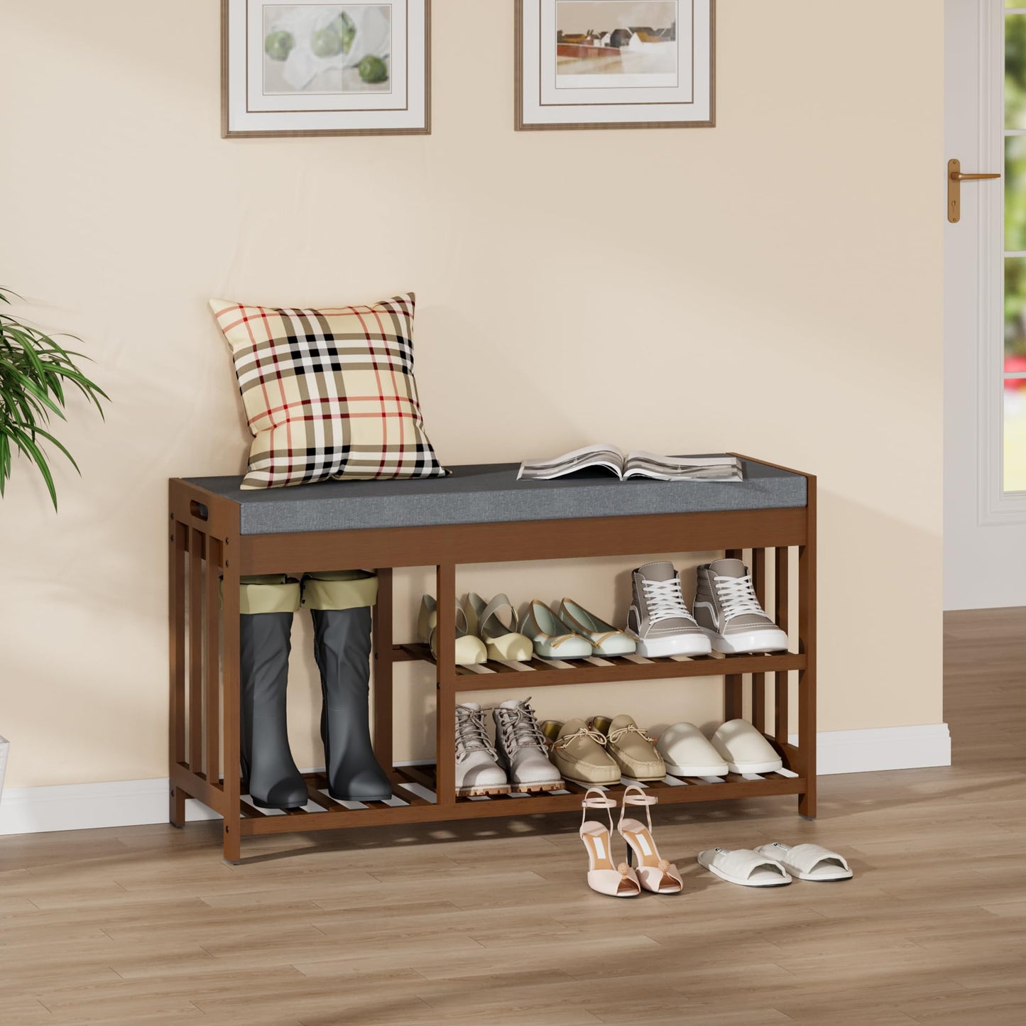 bambooflow Shoe Rack Bench with Cushion,2 Tiers Shoe Bench with Flip-Top Storage,Wood Shoe Rack for Entryway, Hallway, Bedroom, Front Door Entrance (Brown)