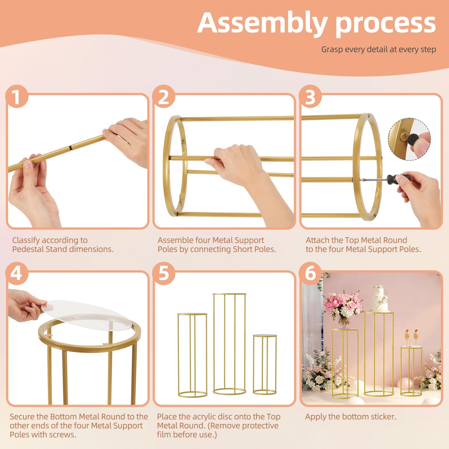 Urban Deco 3Pcs Cylinder Stands for Party, Round Pedestal Stand for Parties with Removable Acrylic Tops, Gold Metal Cake Stands, Cilindros para Fiestas for Birthday Party Wedding Baby Shower Decor