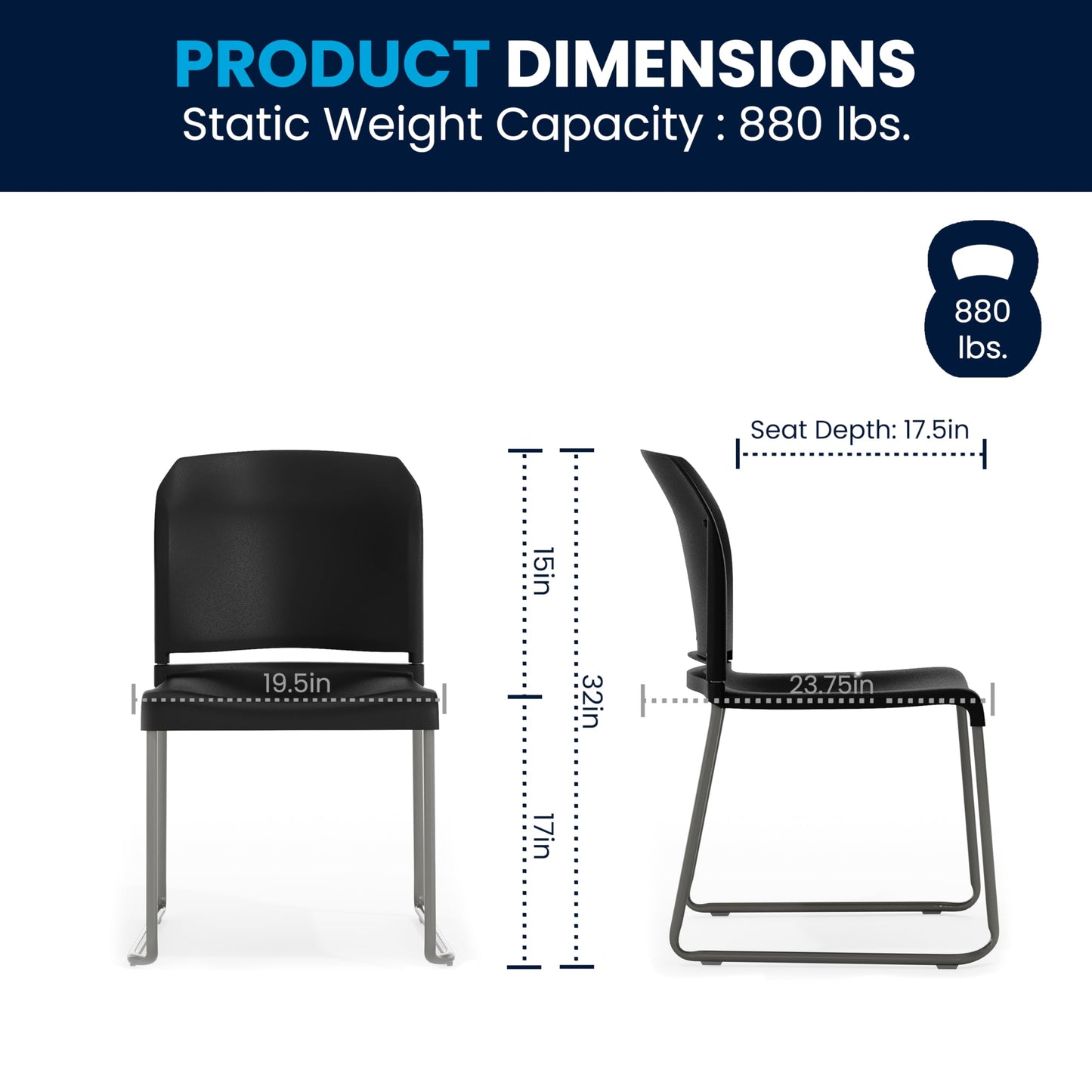 Flash Furniture HERCULES Series 880 lb. Capacity Black Full Back Contoured Stack Chair with Gray Powder Coated Sled Base