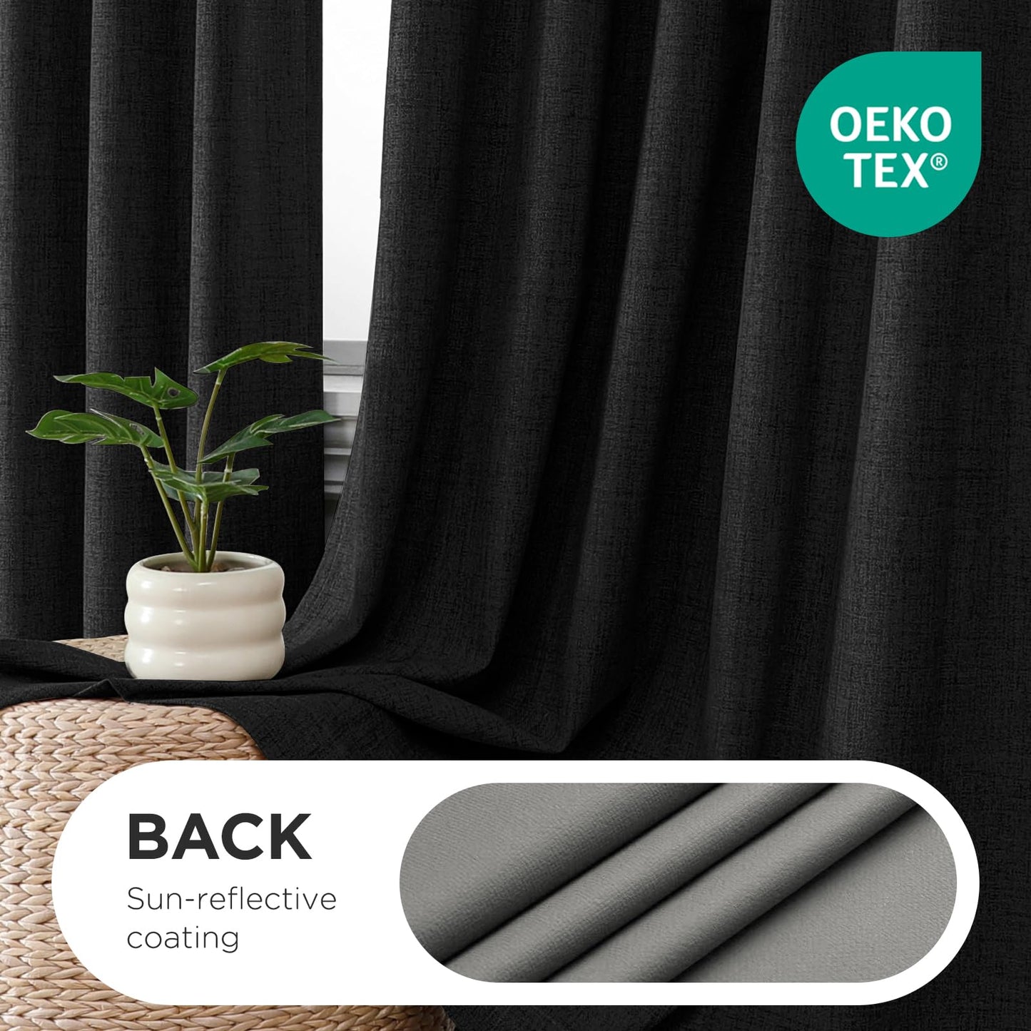 Joydeco Pinch Pleated Curtains - 100% Blackout for Bedroom, Black Linen Curtains 40" W x 90" L, Thermal Insulated 2 Panels Light Blocking Drapes, Back Tabs for Living Room