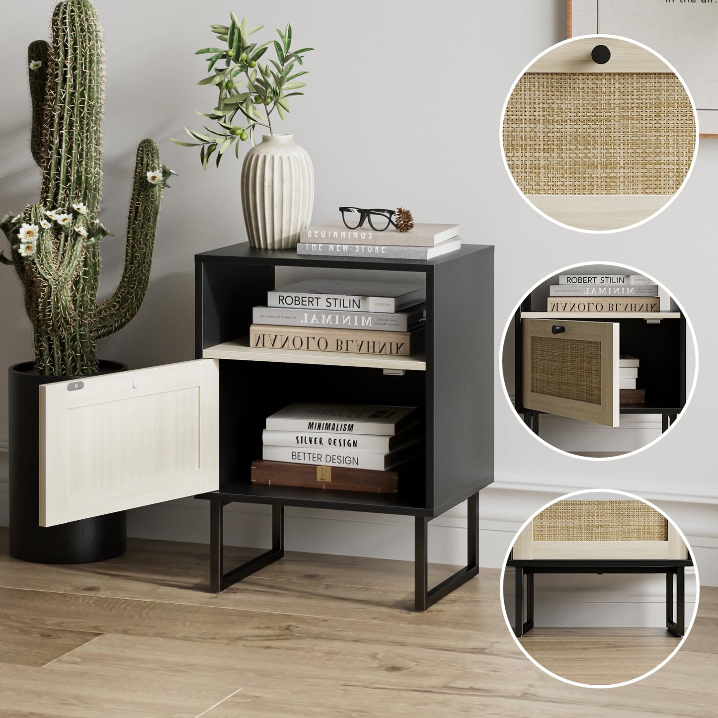Masupu Boho Night Stand, Small Rattan Side Table, Wood Nightstand with Drawer and White Oak Shelf, Bedside Table, End Table for Bedroom,Living Room,Office (Black Frame)