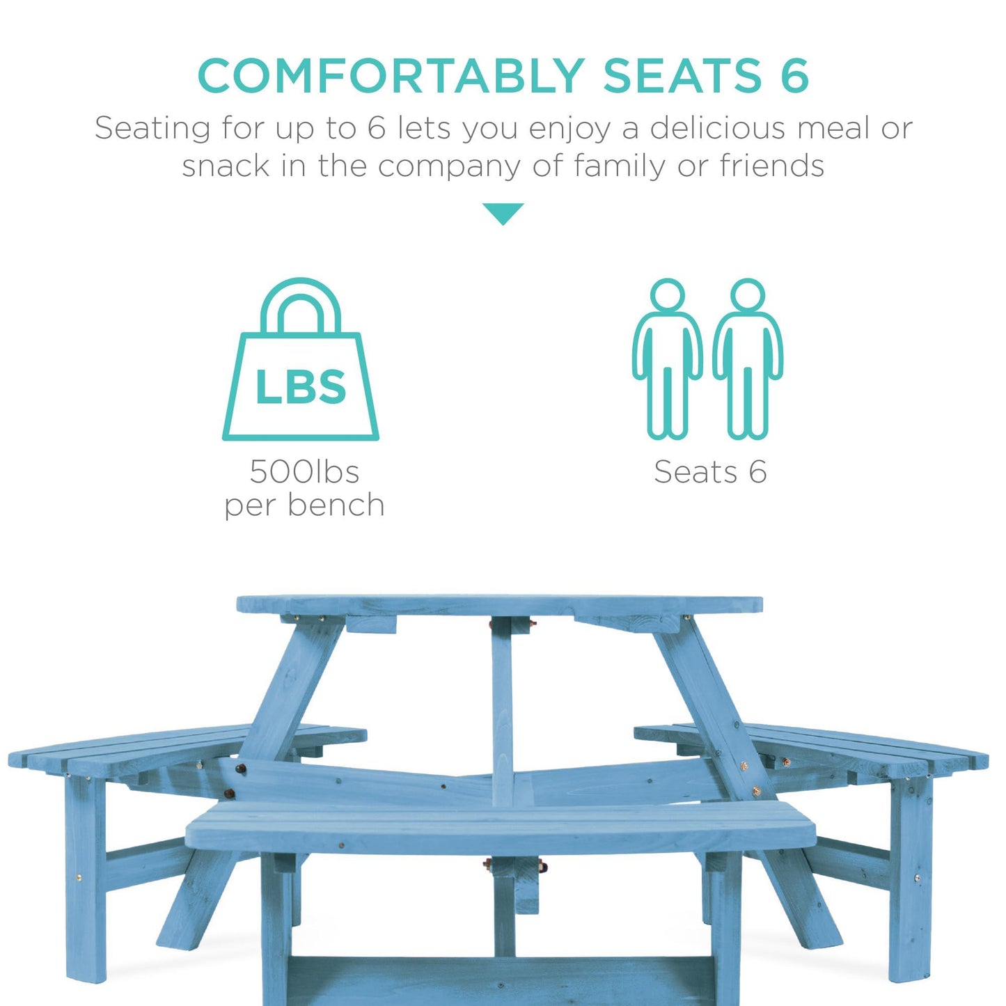 Best Choice Products 6-Person Circular Outdoor Wooden Picnic Table for Patio, Backyard, Garden, DIY w/ 3 Built-in Benches, 500lb Capacity - Seaside Breeze