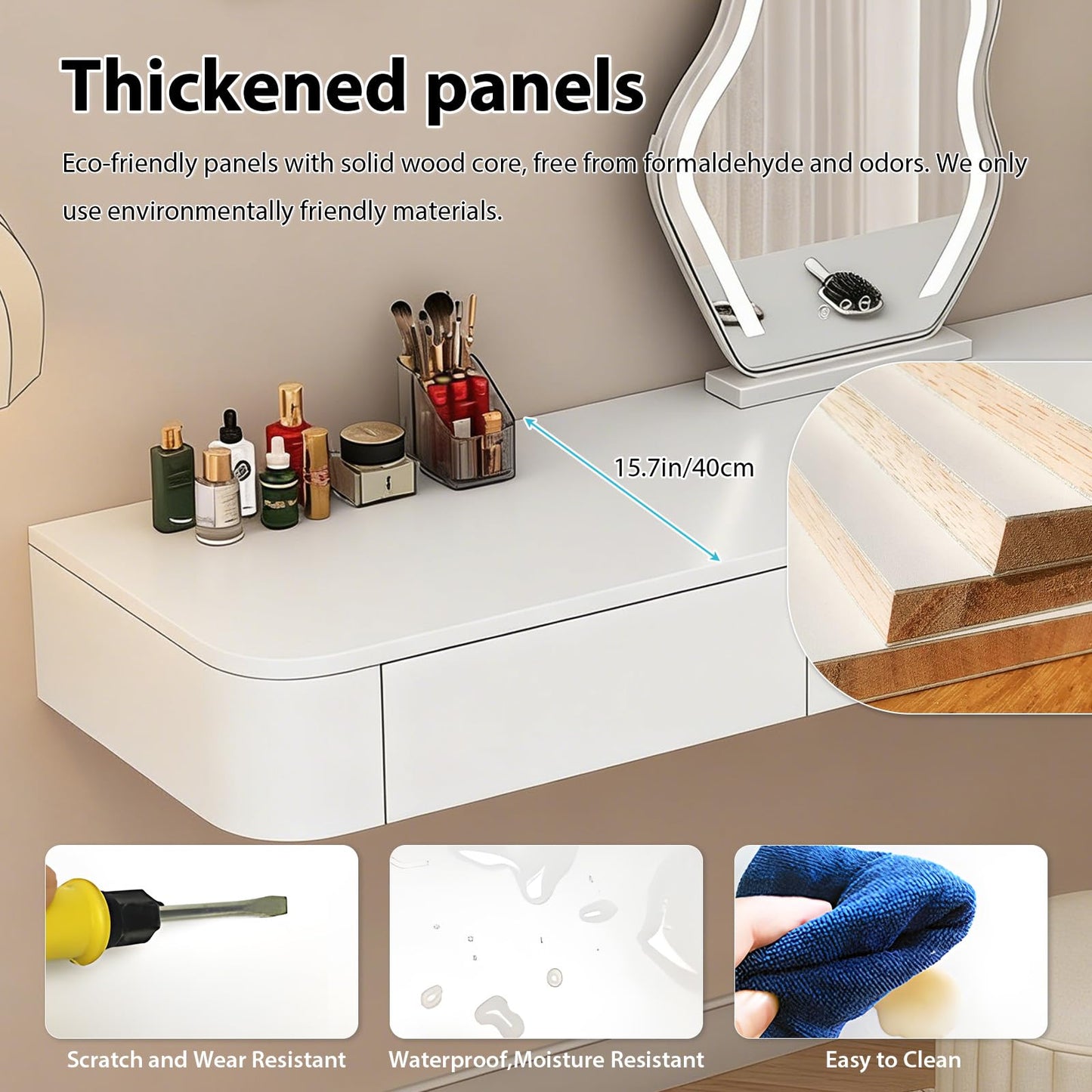Quvex Fully Assembled Floating Makeup Vanity Desk, Wall Mounted Dressing Table with Drawers, Rounded Corners, 23.6" - 63" Available, Space-Saving Modern Hanging Dresser for Bedroom, Table Only
