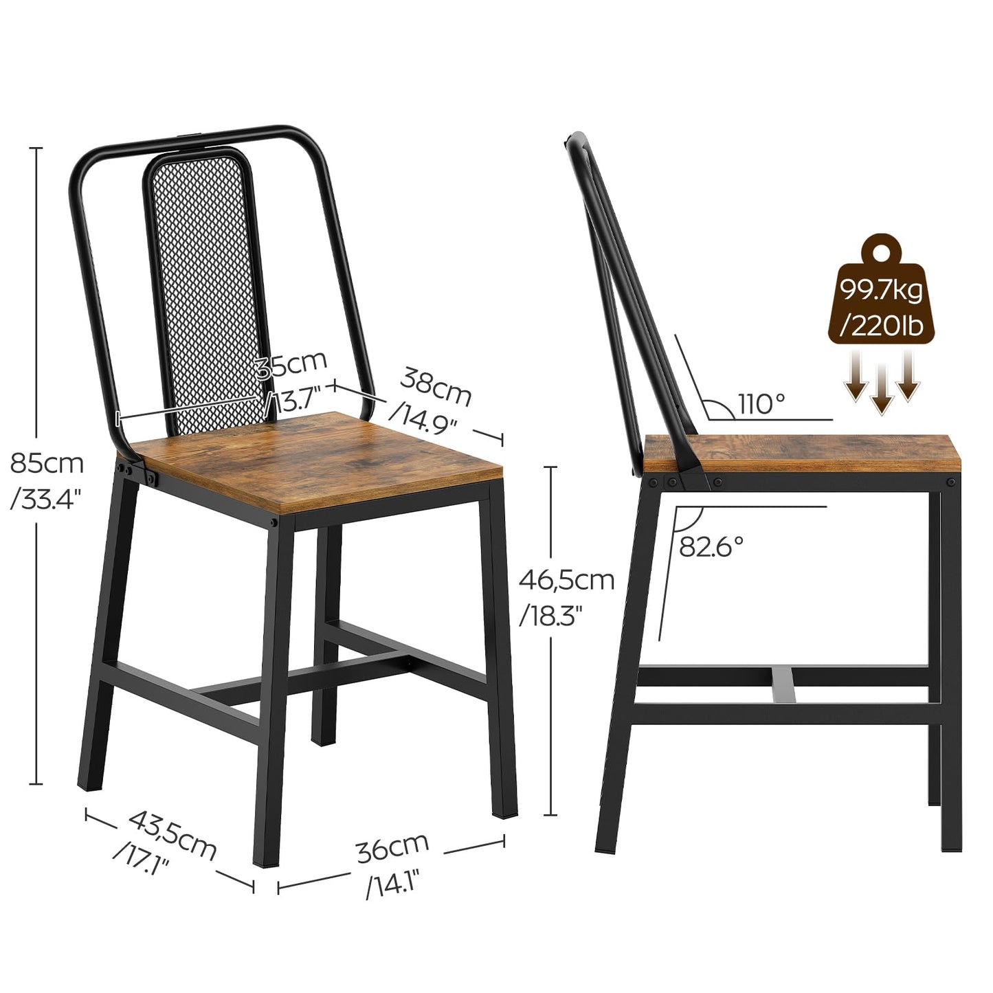 YATINEY Dining Chairs Set of 4, Wooden Kitchen Chairs, Farmhouse Dining Chairs with Back Support, for Living Room, Kitchen, Rustic Brown and Black CY01L4BRN1
