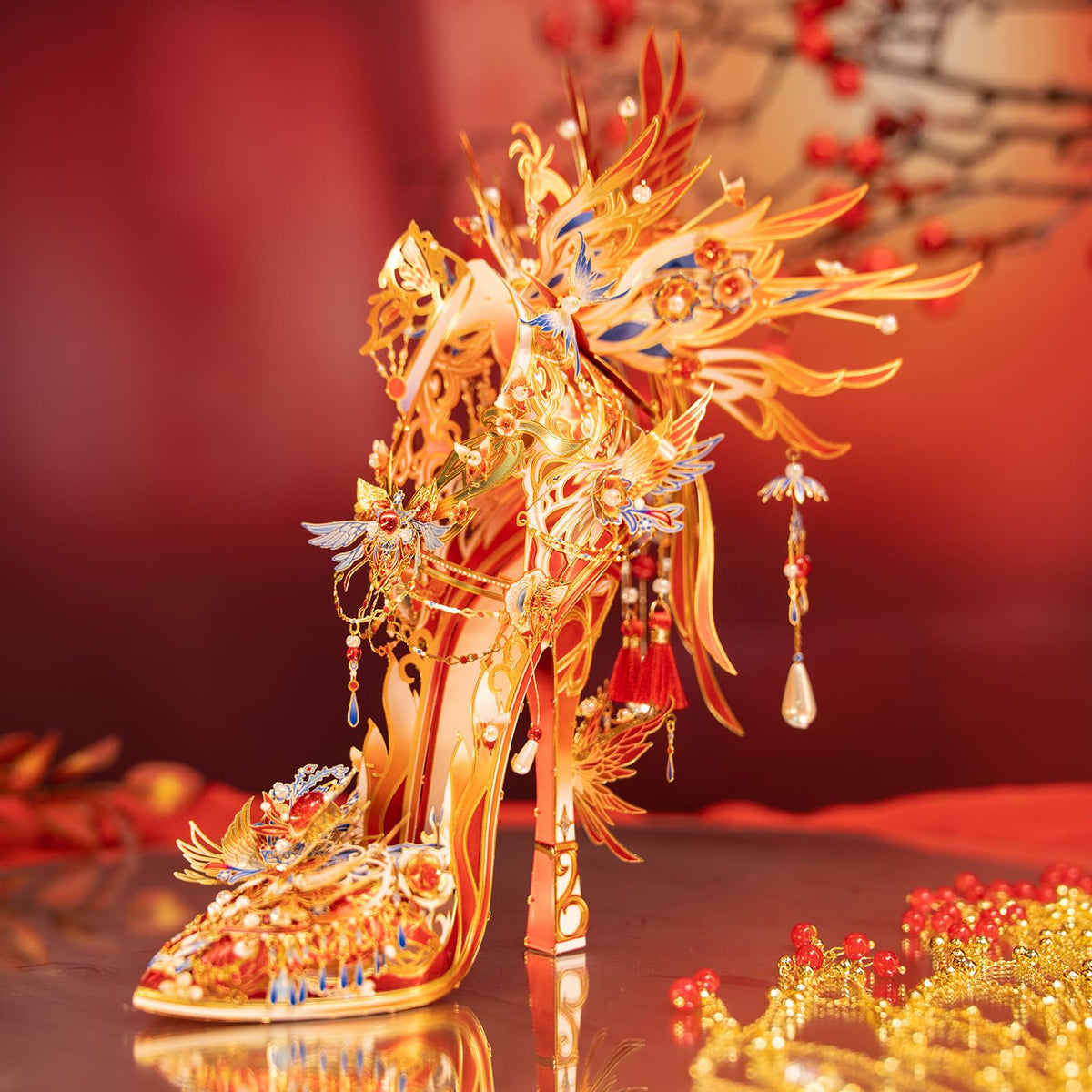 MU Metal Puzzles for Adults Wedding Phoenix Shoe Cinderella Shoes Puzzle 3D Metal Model Kits Building, DIY Sets Xmas Birthday Wedding Girfriend Gifts Home Desk Decor Chinese Red Craft Projects