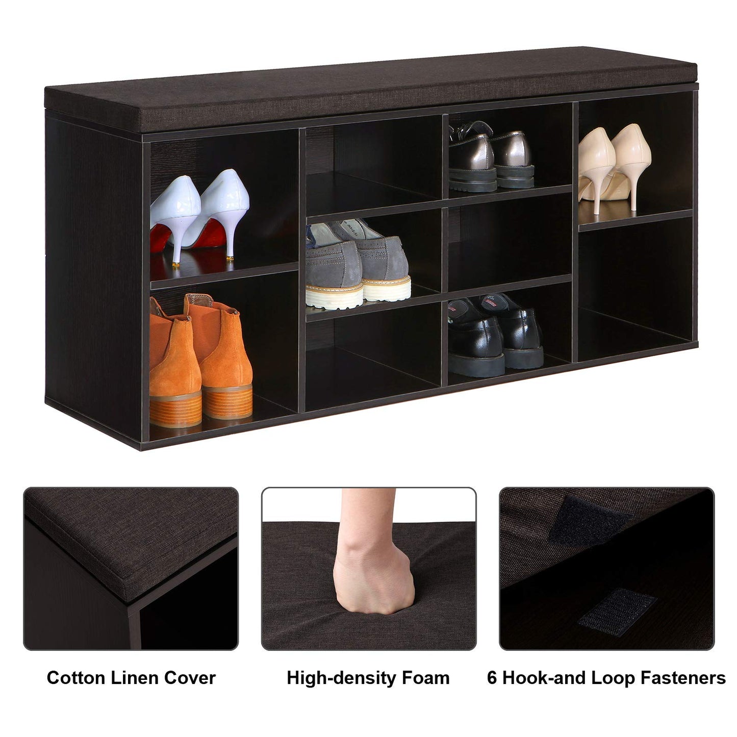 VASAGLE CUSTOS Collection - Shoe Bench, Storage Bench with Padded Seat, Entryway Bench with 10 Compartments, for Bedroom, 11.8 x 40.9 x 18.9 Inches, Espresso Brown and Chestnut Brown ULHS10BR