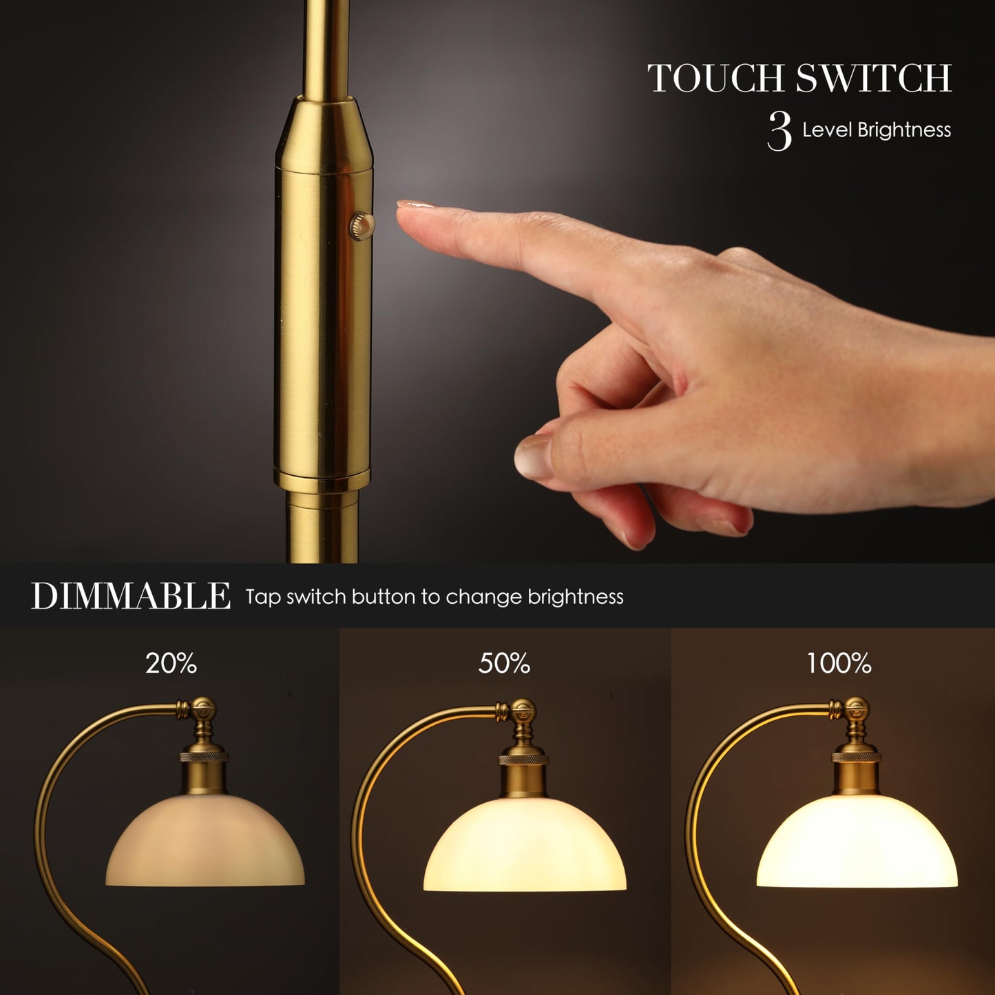 O’Bright Heritage - Banker’s Floor Lamp, 3-Level Touch Dimming, Adjustable Tilt Shade, Removable Lampshade Design, E26 Socket with 6W Dimmable LED Bulb, White Jade Glass Shade, Antique Brass