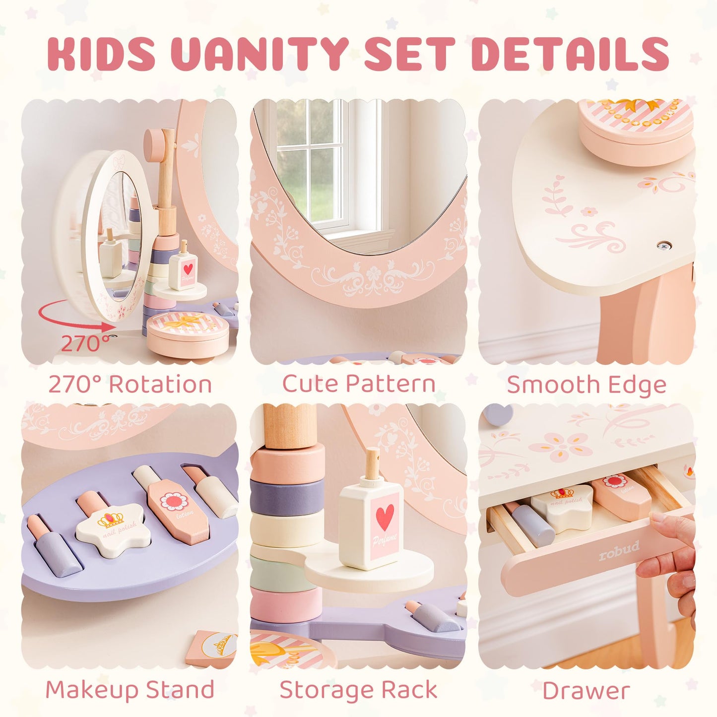 ROBUD Kids Vanity Table and Chair Set, Pink Girls Vanity with 11Pcs Accessories, Pretend Play Kids Vanity with Mirror and Drawer, Princess Makeup Desk Dressing Table, Ideal Gift for Girls Age 3+