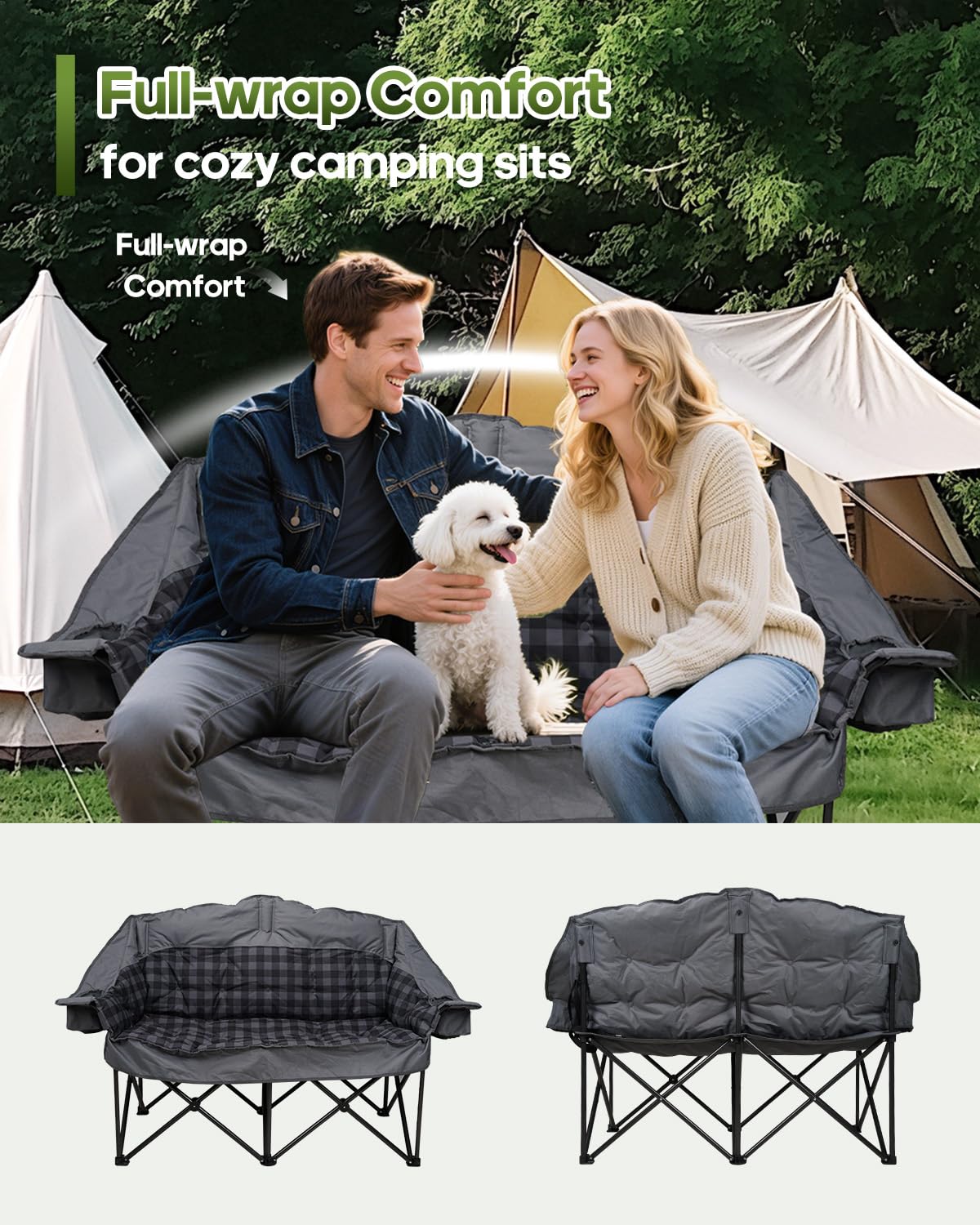 Pcuauld Double Camping Chair Padded Loveseat for Adults, Oversized 2 Person Camp Couch with 2 in 1 Carry Bag, Heavy Duty Folding Outdoor Sofa with Cup Holders for Lawn Beach Tailgating, Green