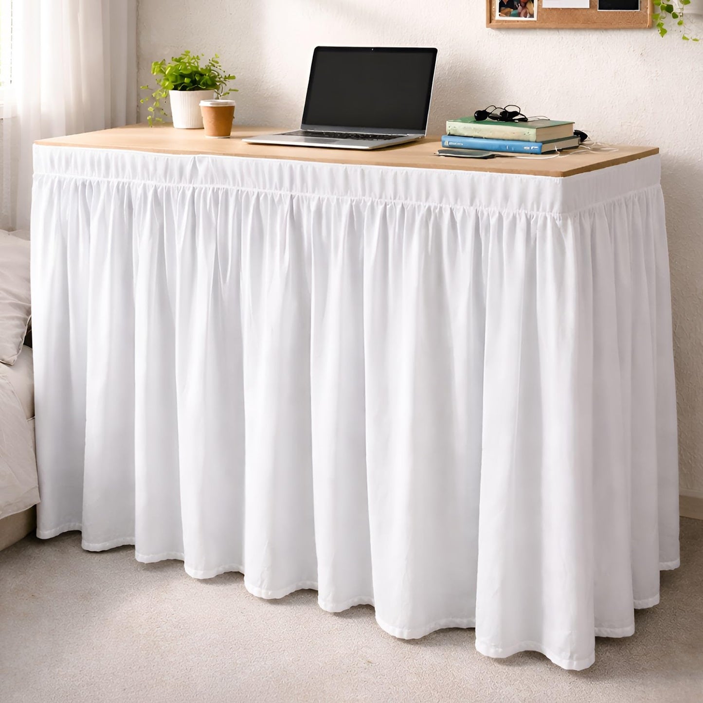 Shreem Linen Dorm Desk Skirt, Ruffled Gathered Table Cover, Custom-Fit, No Platform, Split Corners, Under Desk Storage Cover for Dorm & Home Office, White Desk Skirt (D24 x W30 Skirt H30 Inches)