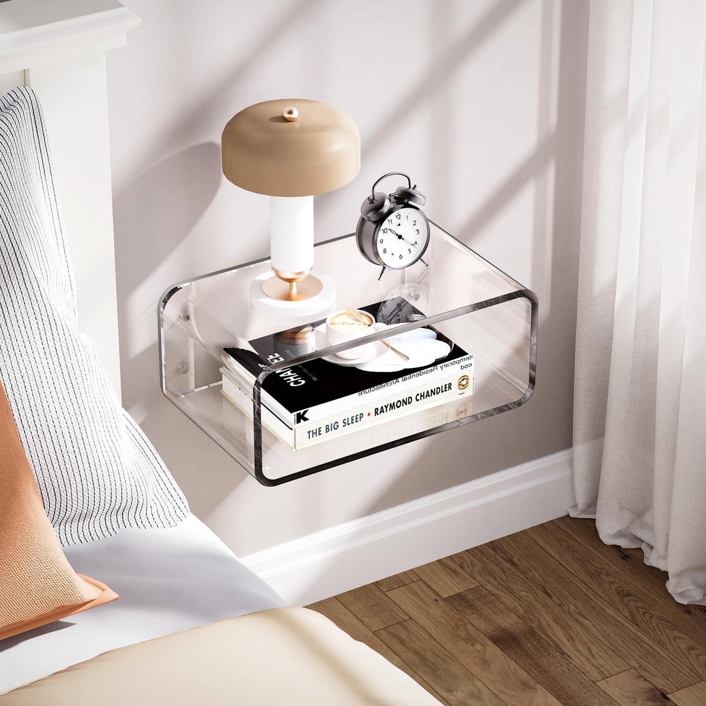 Acrylic Floating Nightstand, Bedside Table, Nightstand Shelf Wall Mounted Bedside Shelf (Clear, 16.1"×9.4“×6.7”)