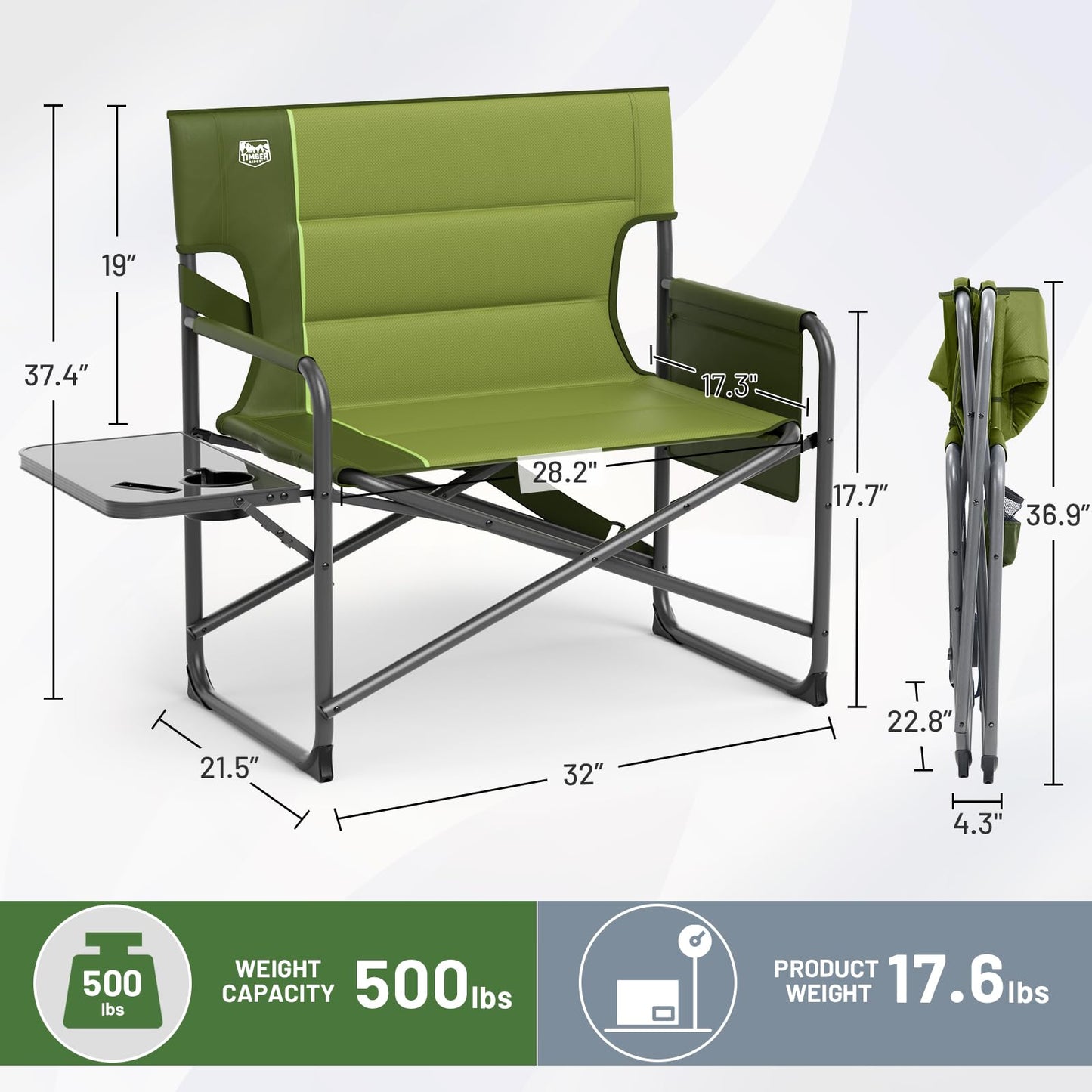 Timber Ridge XXL Director’s Chair – Heavy Duty Folding Camping Chair for Adults, 500lb Capacity, Extra Wide Padded Seat for Camping, Sports, Lawn, Courtyard, and Outdoor Use, Green