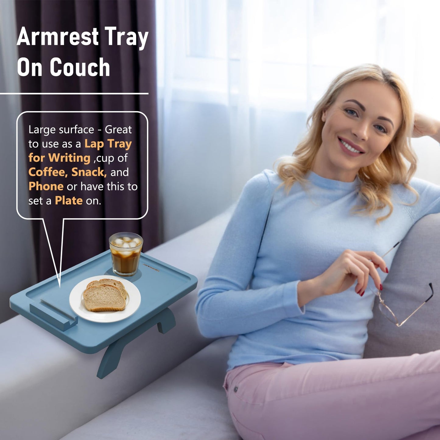 SINWANT Couch Arm Tray, Bamboo Sofa Clip on Tray Tables with 360° Phone Holder,Folding Anti Slip Couch Armrest Table for Snacks,Drinks,Remotes 15.35"x9.85"