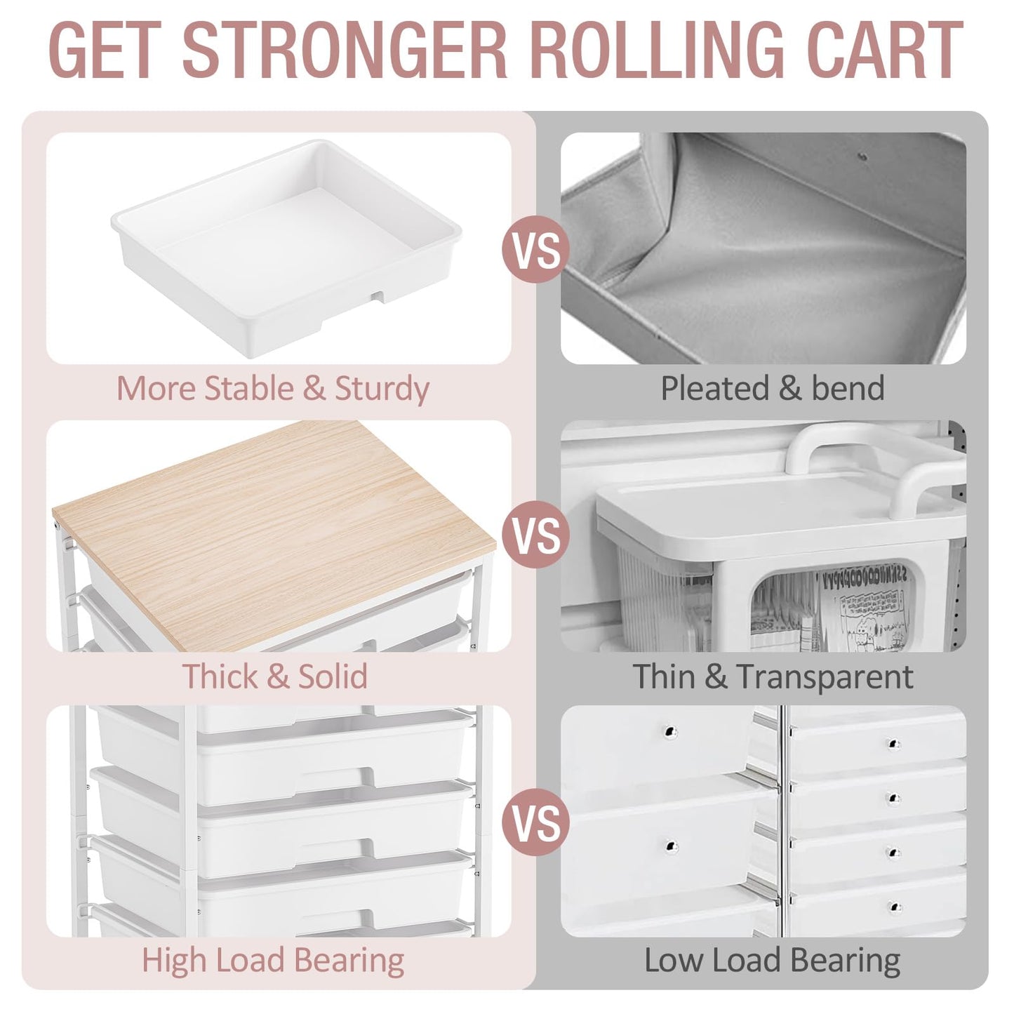 Storage Cart with 8 Drawers, Utility Cart with White Drawers and Wooden Tabletop, Craft Cart, Teacher Organization for Classroom,White