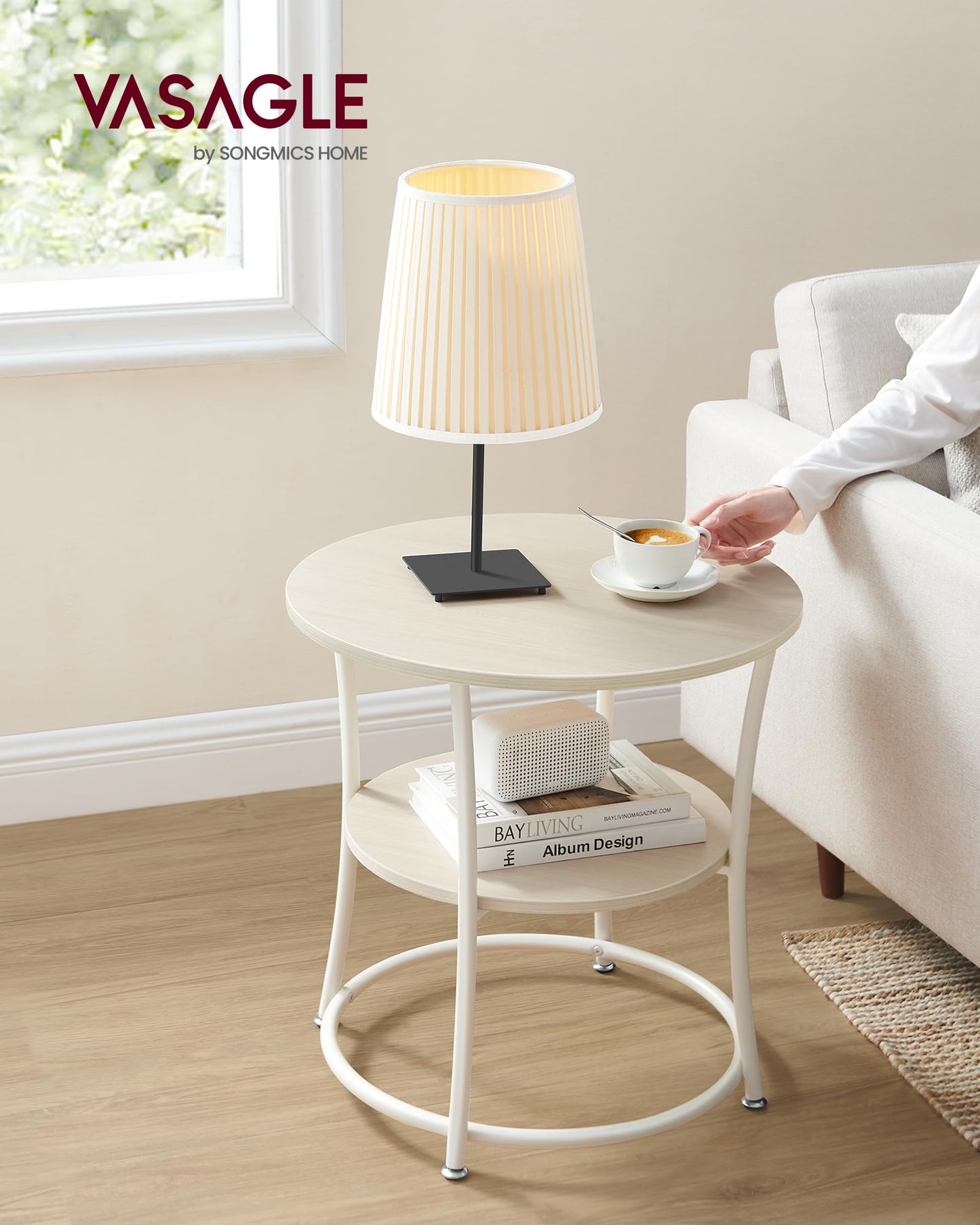 VASAGLE 21.7-Inch Round Side Table, 2-Tier End Table, Nightstand with Steel Frame, Spacious Top, for Small Spaces, Living Room, Bedroom, Natural Beige ULET056N01