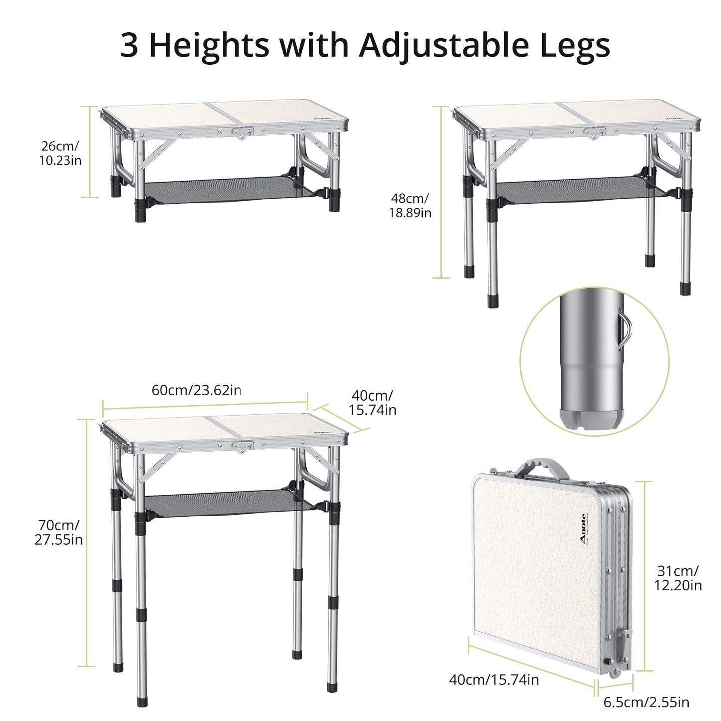 Anbte Folding Camping Table, Aluminum 24" x 16" Adjustable Height Small Folding Table with Carrying Handle, Lightweight, Portable Camping Table Waterproof for Outdoor Indoor Picnic Beach BBQ, Silver