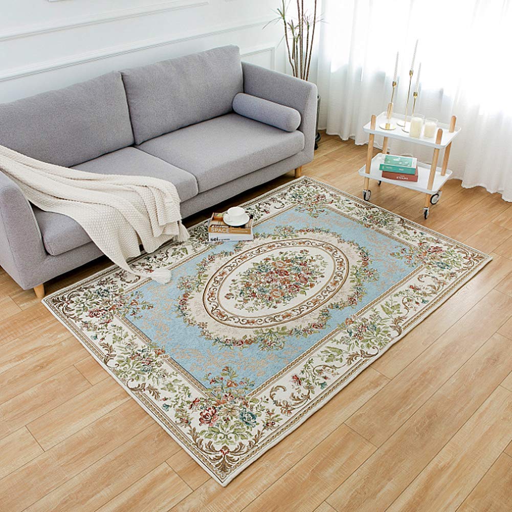 UKELER Rustic Floral Cotton Area Rugs Rural Rose Design Living Room Carpet Non-Slip Soft Floor Mat for Bedroom, 5' x 7' Country Blue