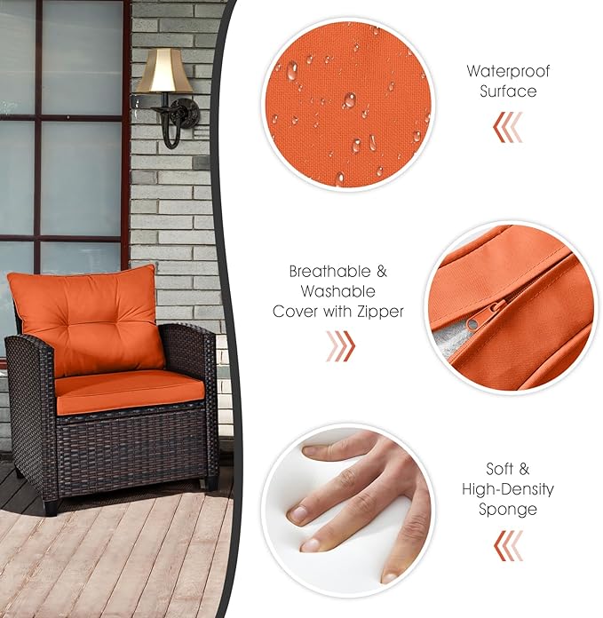 COSTWAY 3PCS Patio Furniture Set, PE Rattan Wicker Sofa w/Washable Cushion and
