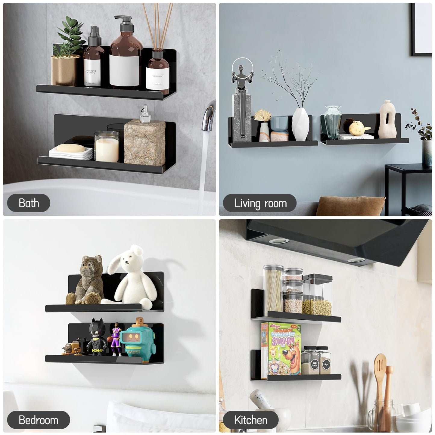 PAVSTINE Acrylic Floating Shelves for Wall No Drilling, Self Adhesive Space-Saving Shelves, 12 Inch Floating Shelf Stick on Wall Shelf, for Bathroom, Kitchen, Bedroom, Office, Gaming Room, Black
